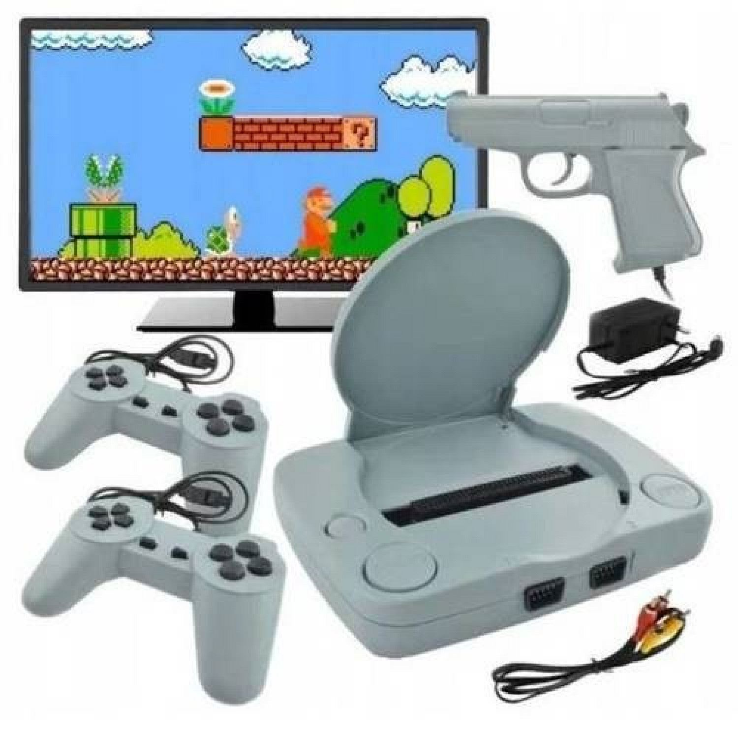 Console di gioco retrò con controller, pistola e TV che mostra un gioco.