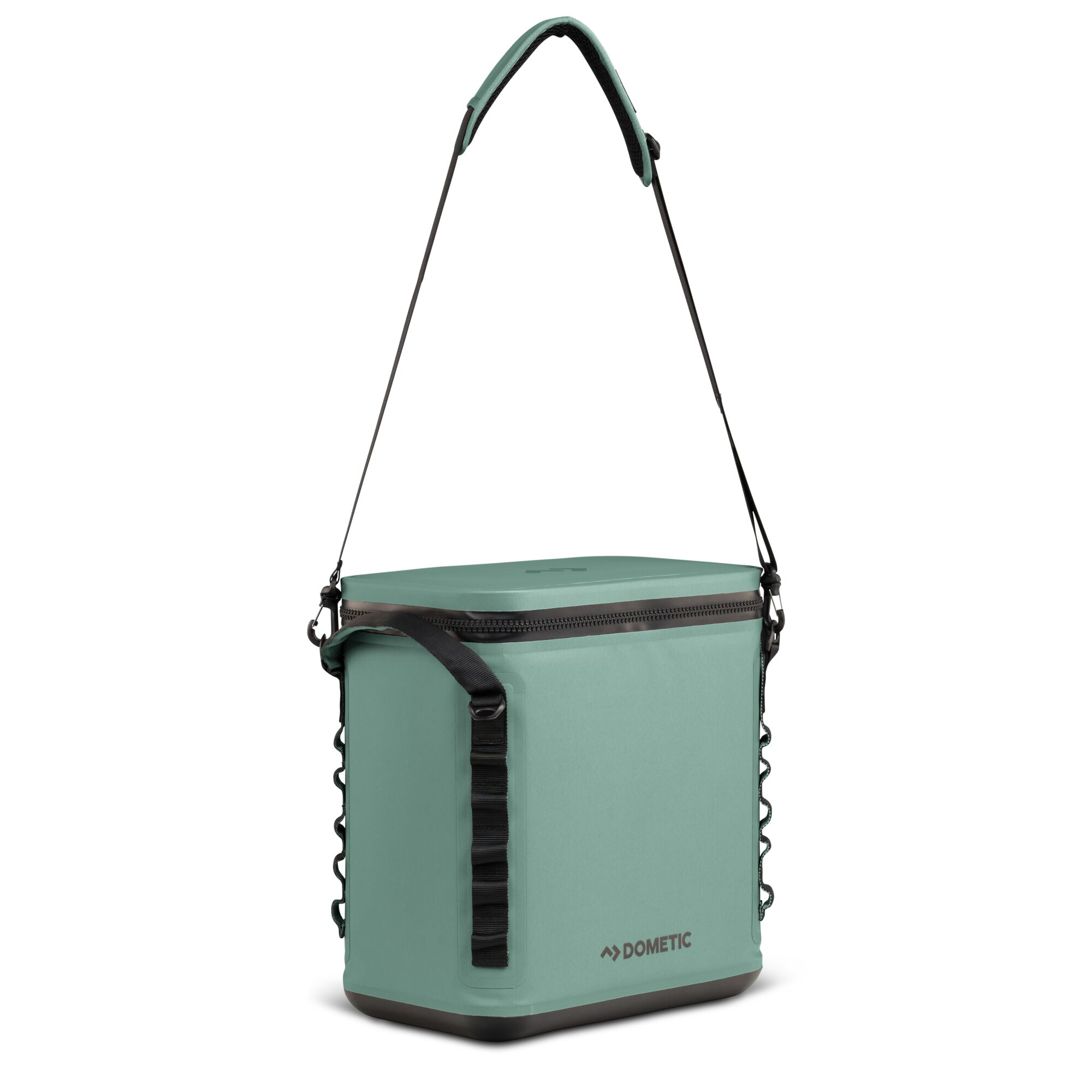 A teal-colored, insulated cooler bag with a shoulder strap and black accents.