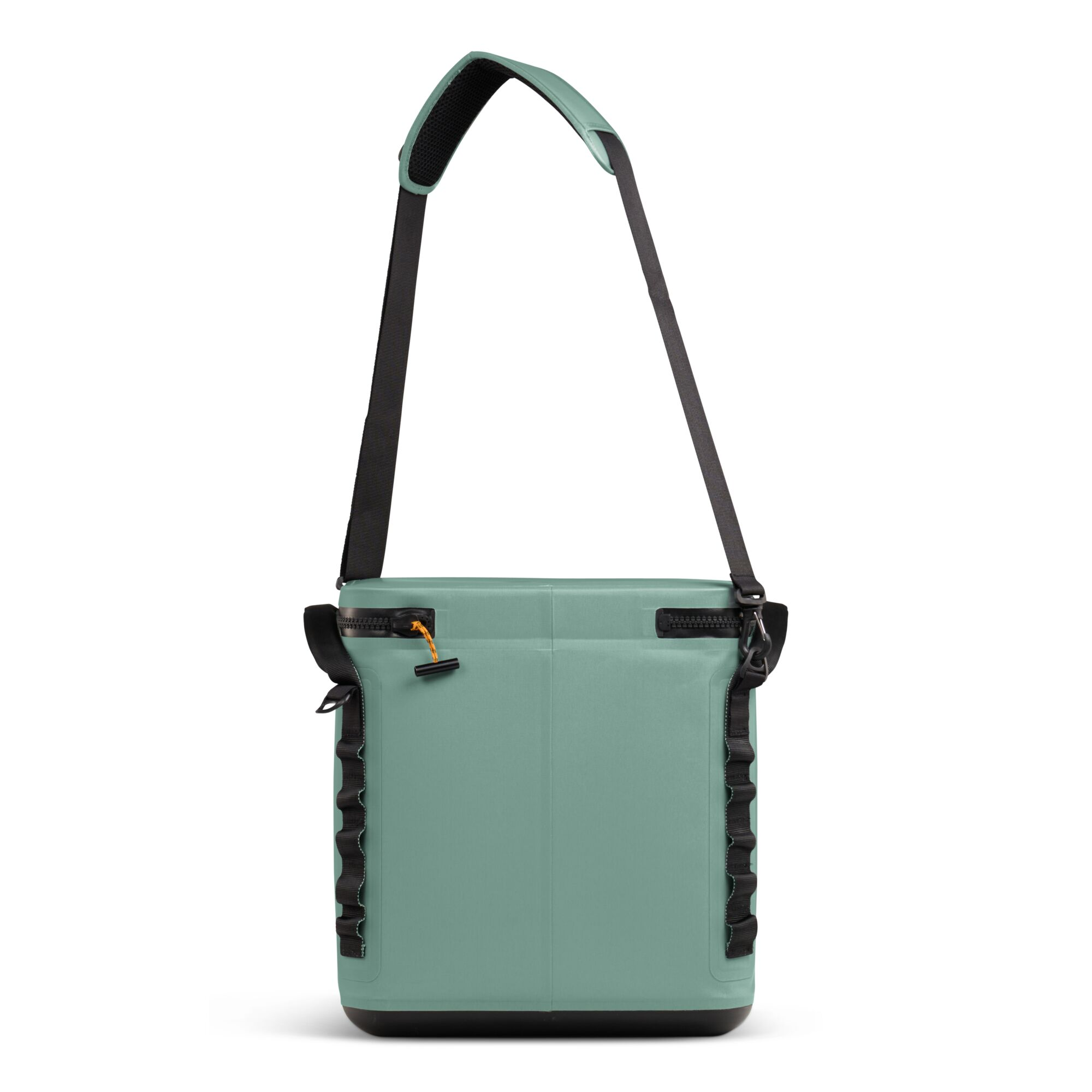 A light green insulated cooler bag with a black strap and zipper, set against a white backdrop.
