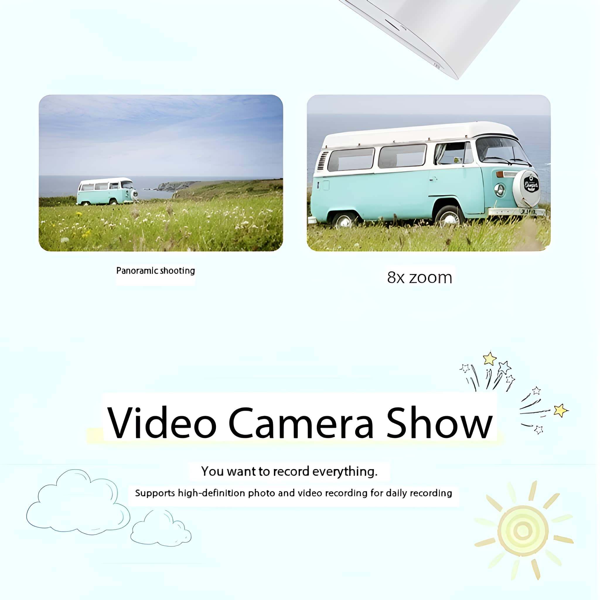 Infografik mit zwei Bildern eines blauen Vans in der Natur und dem Text 'Video Camera Show'.