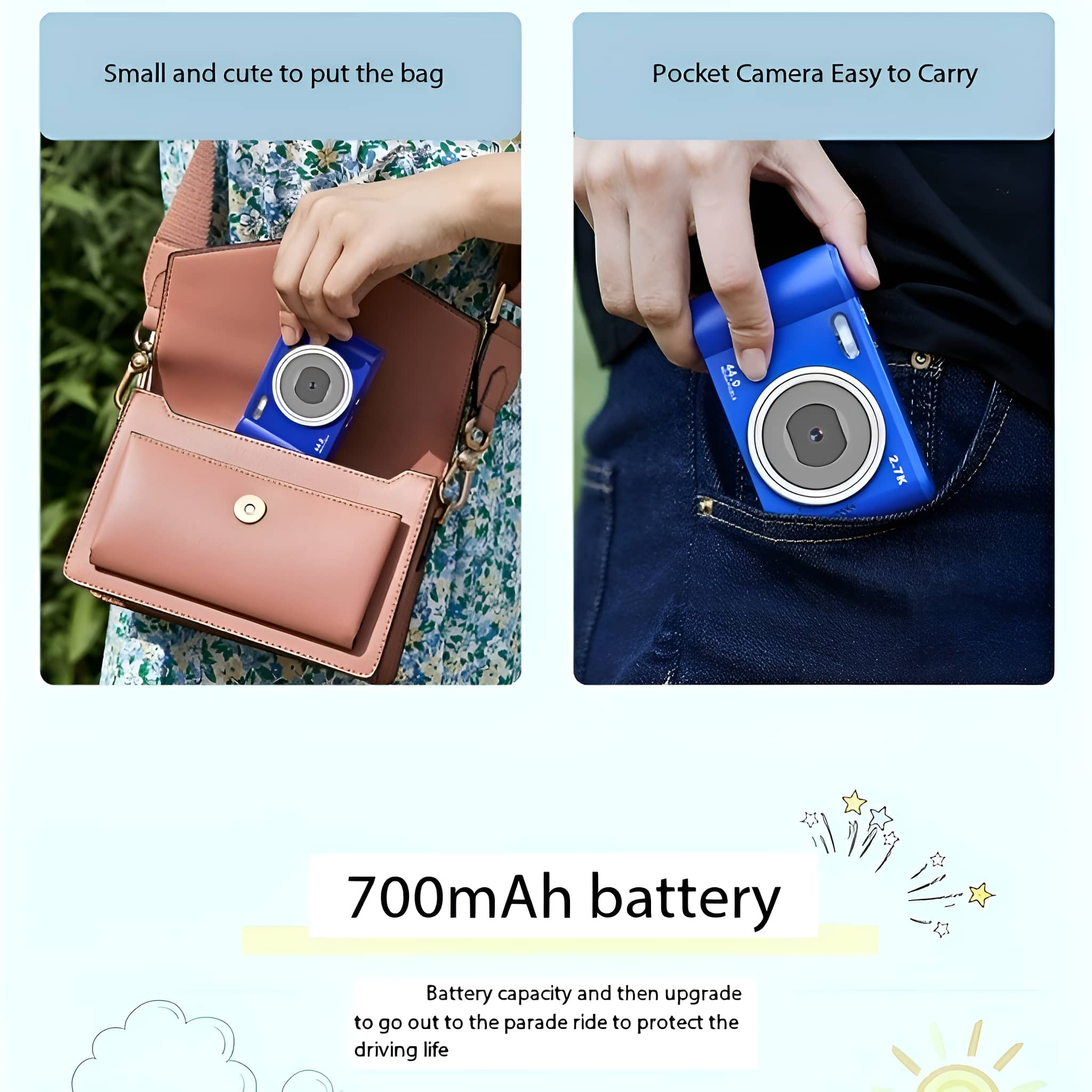 Eine blaue Kamera wird in einer Tasche und Hosentasche gezeigt. Text: klein, niedlich und leicht zu tragen.