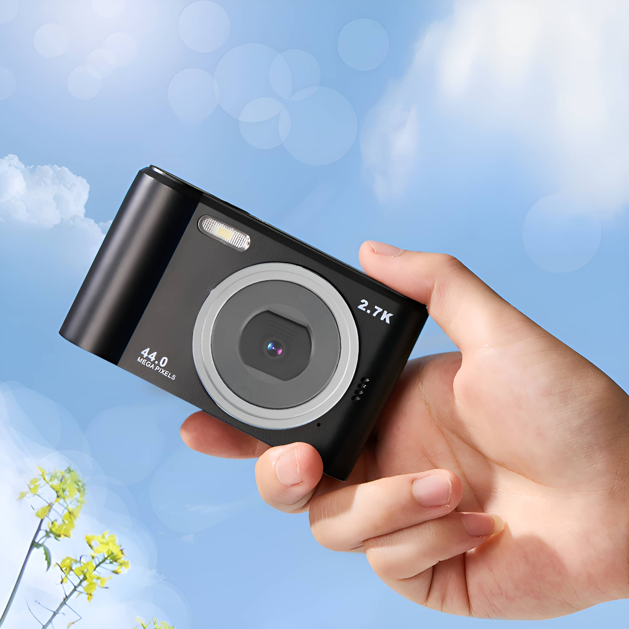 Eine schwarze Digitalkamera, die in einer Hand vor blauem Himmel mit Wolken gehalten wird. Die Kamera ist leicht angewinkelt.