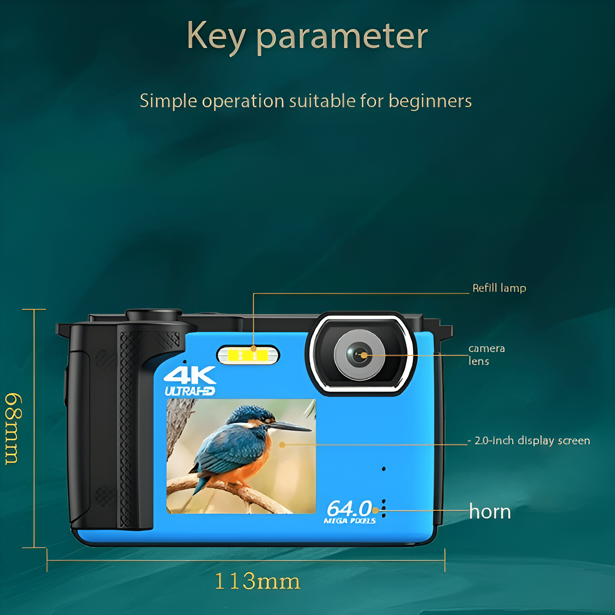 Eine blaue 4K Ultra-HD Kamera. Ein Bildschirm zeigt ein Vogelbild. Beschriftete Kameraobjektiv, Display und Horn.