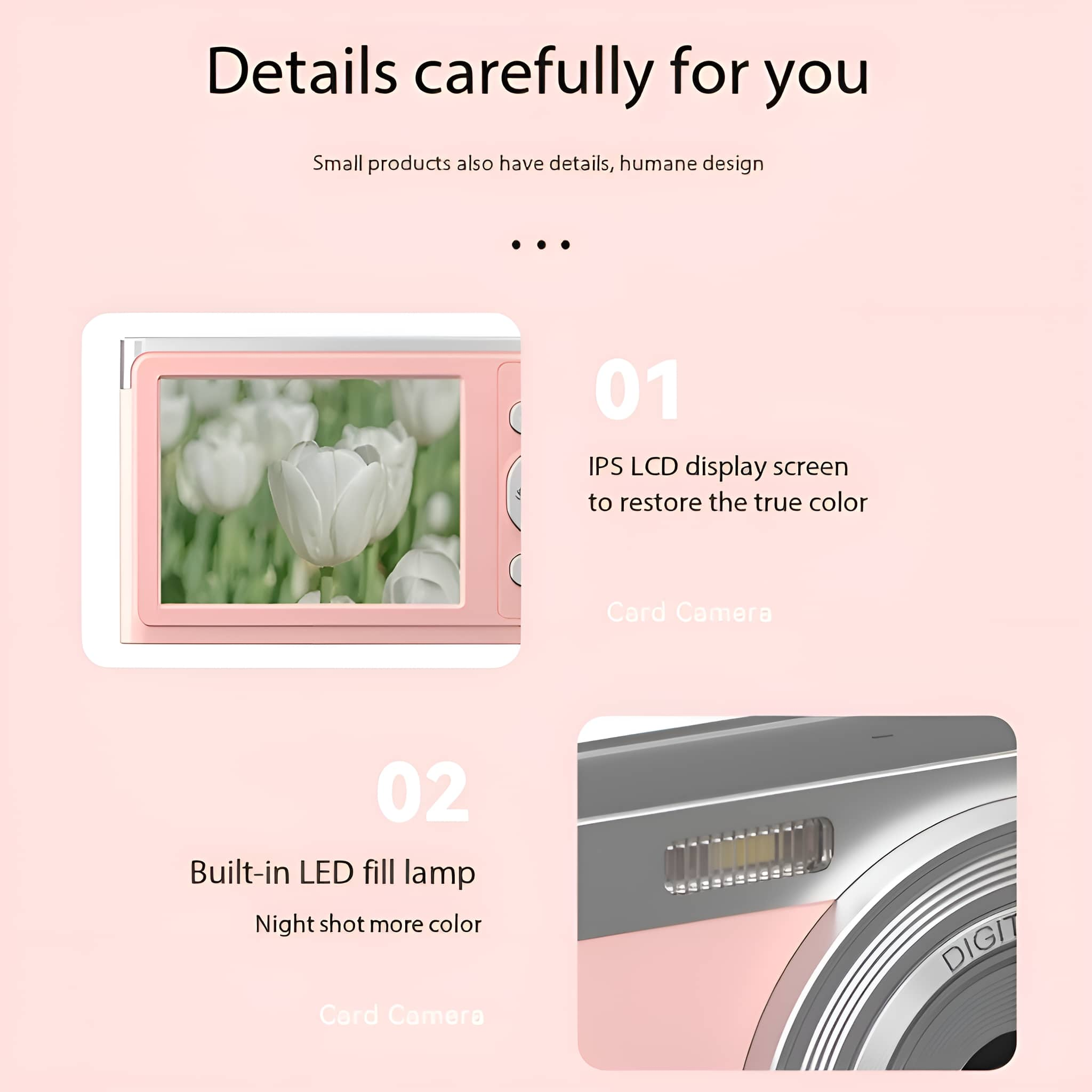 Rosa Digitalkamera mit Bildschirm, der weiße Tulpen zeigt. Nahaufnahme von Objektiv und LED-Fülllicht.