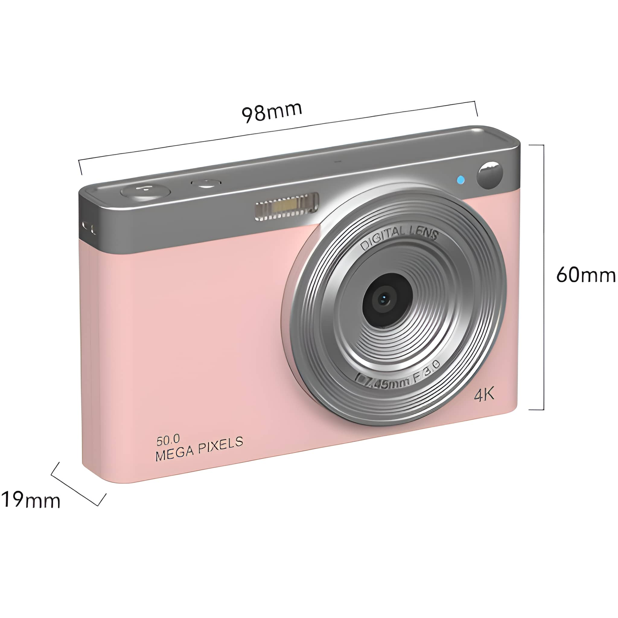 Eine rosa Digitalkamera mit silbernen Akzenten und einem großen Objektiv, mit Abmessungen.