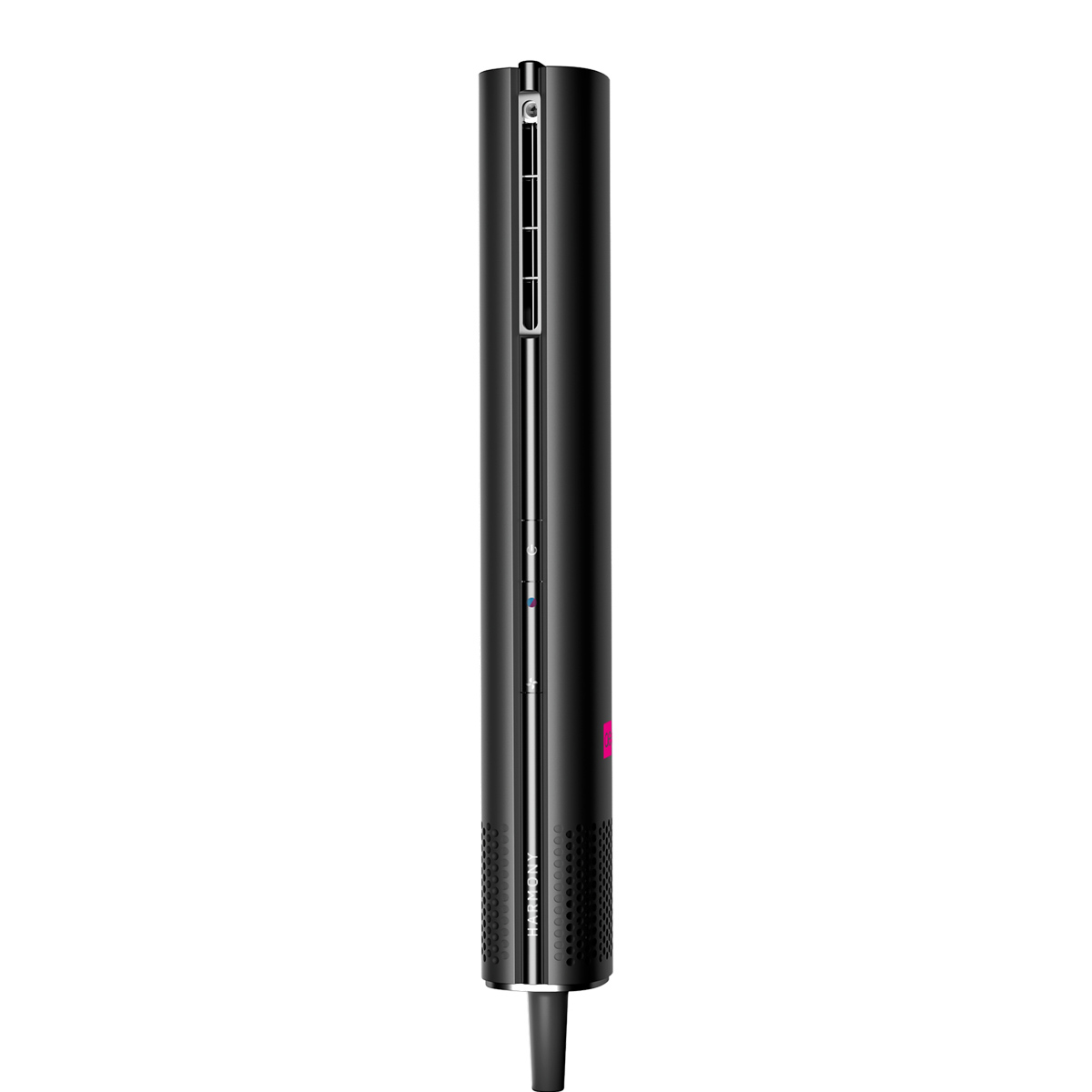 Schwarzer Haarglätter, vertikal, mit pinkfarbener Taste und Markenname.