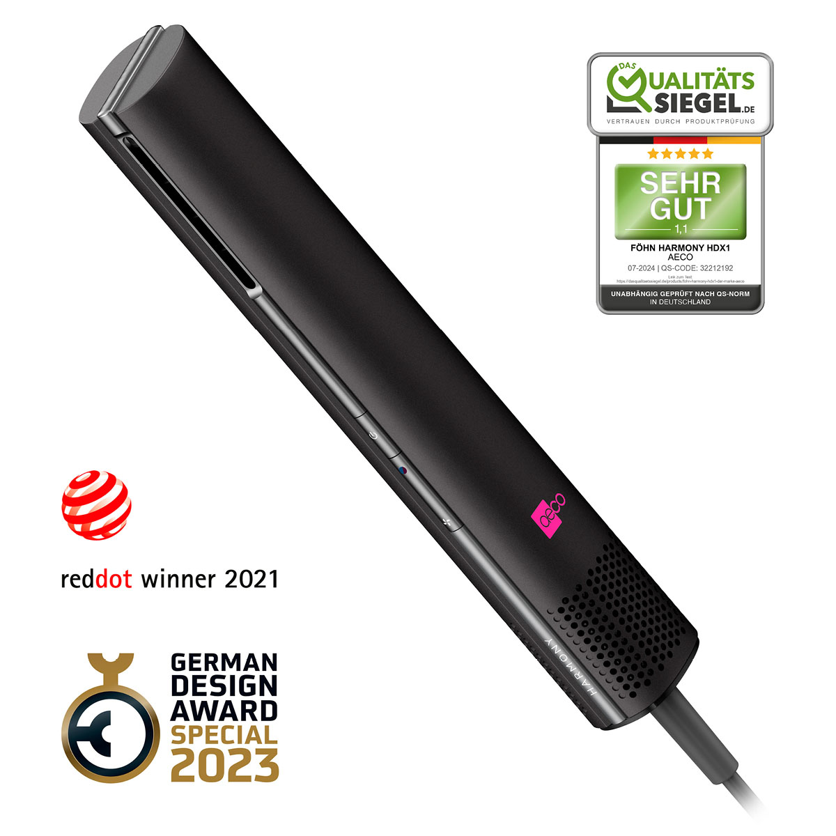 Ein schwarzer Haarglätter mit rosa Digitalanzeige, Auszeichnungen und Netzkabel.