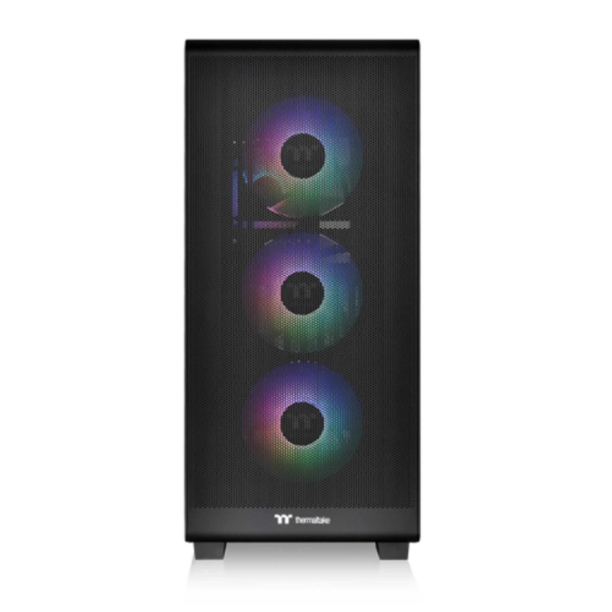 Czarna obudowa komputera z siatkowym przodem, pokazująca trzy wentylatory RGB. Widoczne logo Thermaltake.