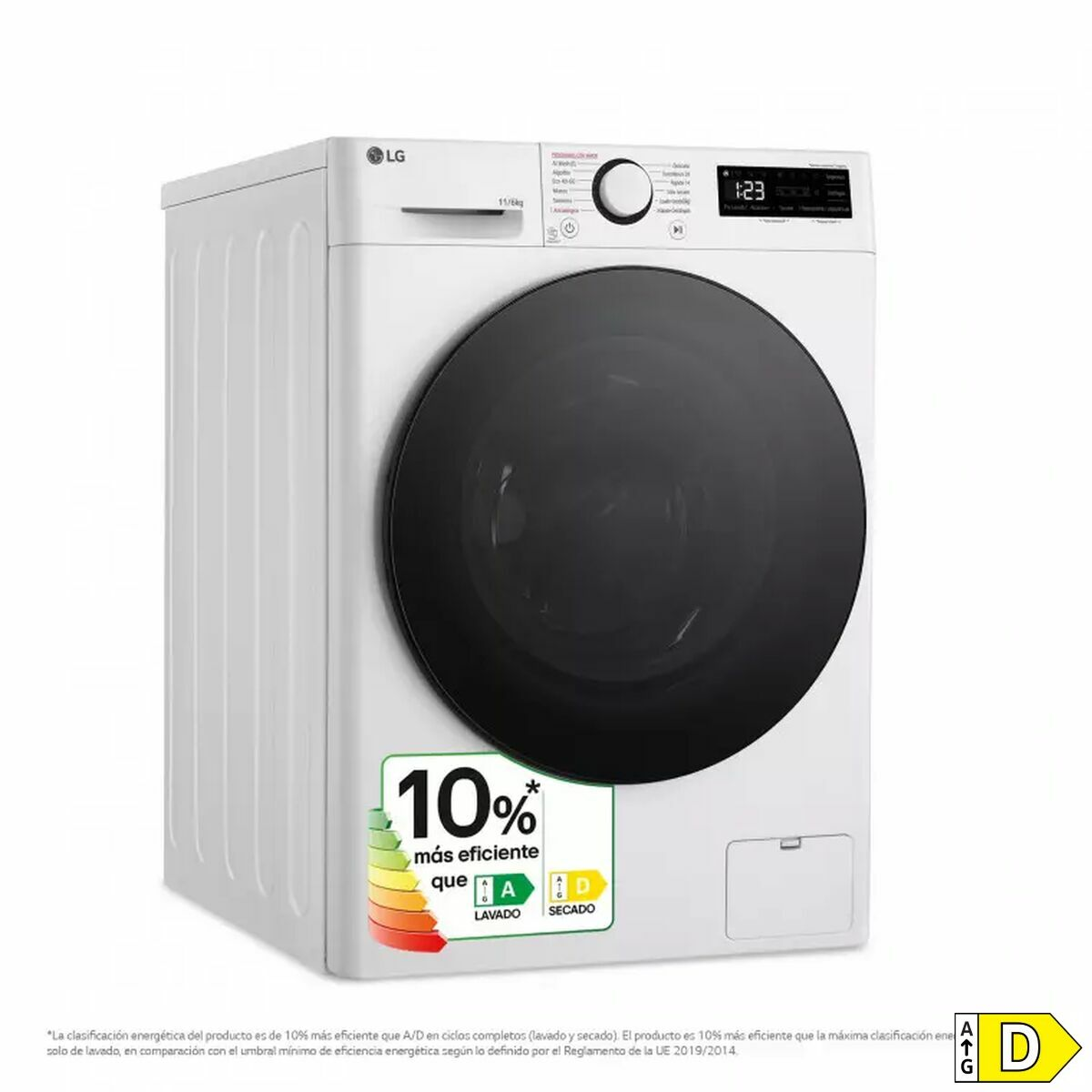 Lavadora LG blanca con puerta negra y etiqueta energética.