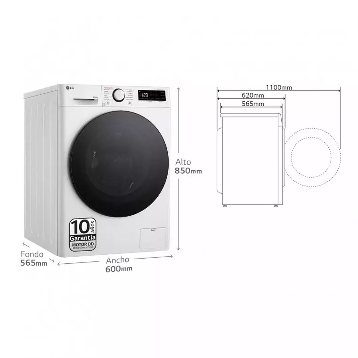 Lavadora blanca con puerta negra y dimensiones etiquetadas en español.