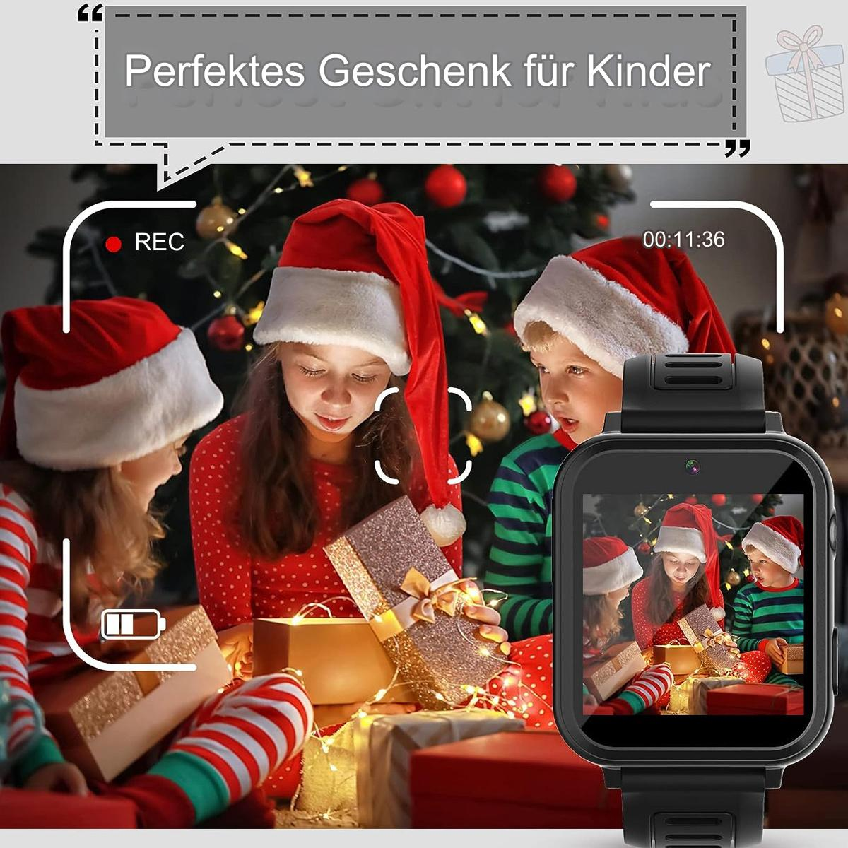 Kinder mit Weihnachtsmützen, die auf eine Uhr schauen, die ein Video aufzeichnet. Text: Perfektes Geschenk.