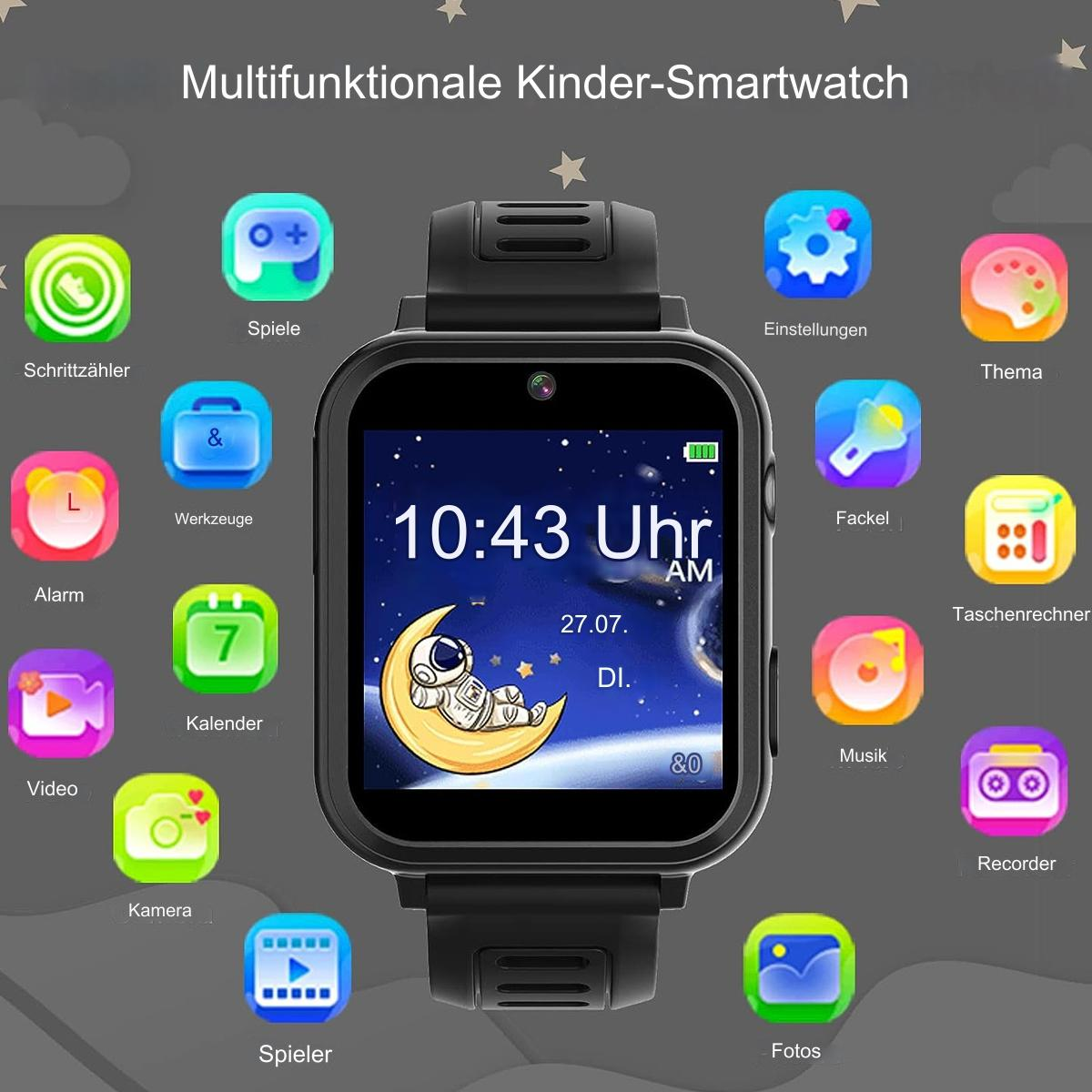 Smartwatch für Kinder mit mehreren Symbolen auf dem Bildschirm, einschließlich Zeit, Kalender und Spielen.