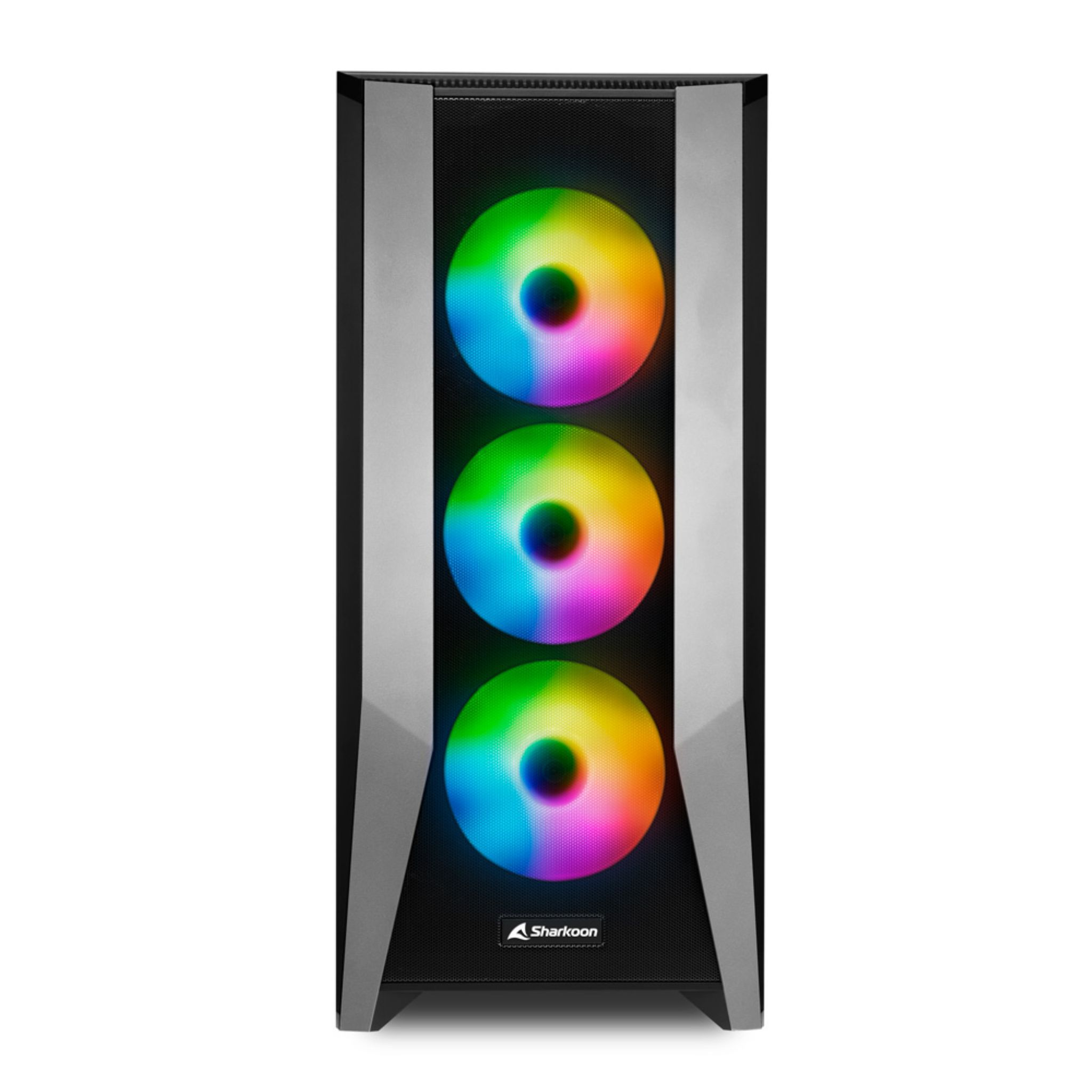 Case per computer con tre ventole con illuminazione RGB colorata e telaio nero.