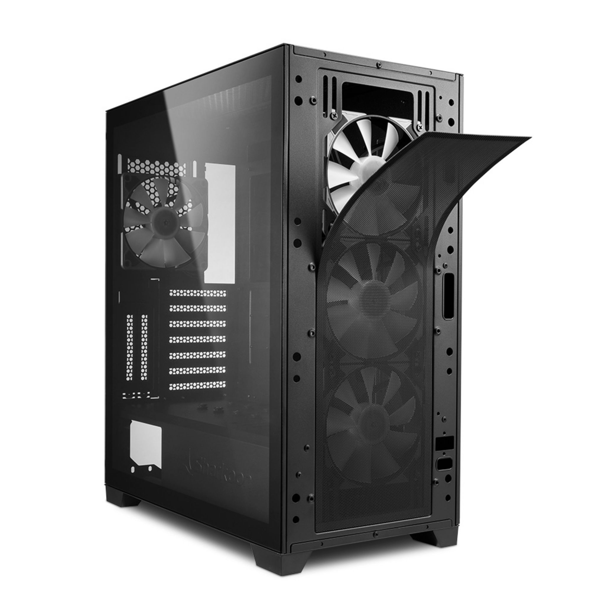 Un case per computer nero con ventole all'interno. Un pannello laterale è aperto.
