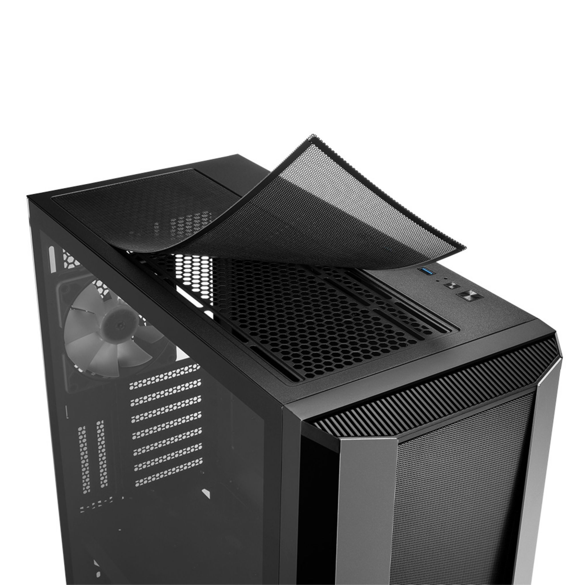 Case nero per computer, rete superiore rimovibile, ventola visibile. Sfondo bianco.