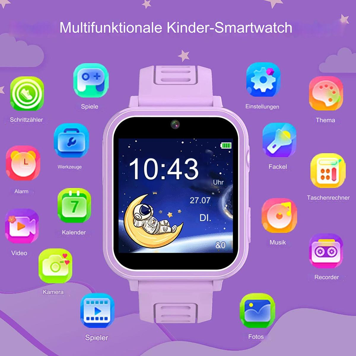 Eine lila Smartwatch mit mehreren Symbolen auf dem Display und um den Bildschirm herum.