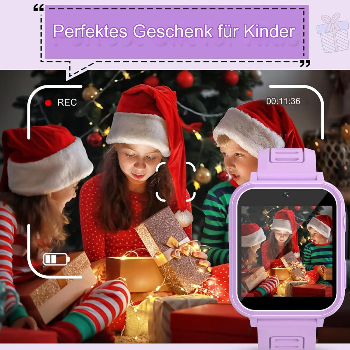 Kinder mit Weihnachtsmützen öffnen Geschenke, eine Smartwatch ist im Bild.