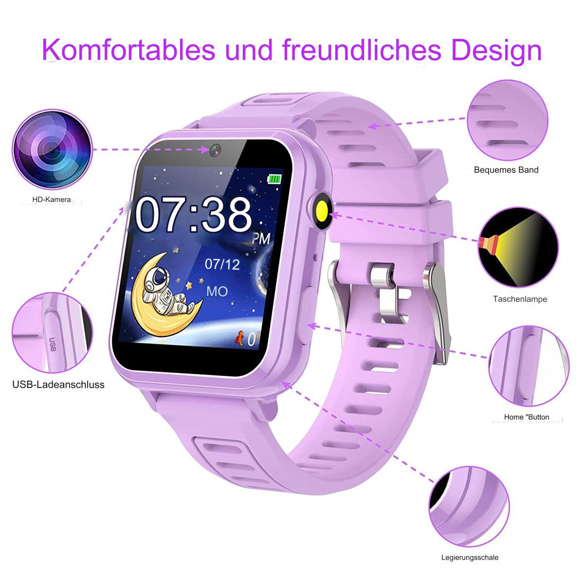 Eine lila Smartwatch mit verschiedenen hervorgehobenen Funktionen, einschließlich eines Displays, das die Uhrzeit und ein Mondsymbol anzeigt.
