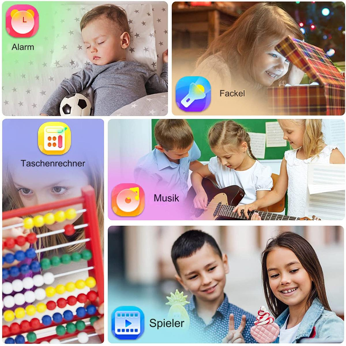 Eine Collage von Szenen, darunter ein schlafendes Baby, ein Kind, das ein Geschenk öffnet, und Kinder, die Instrumente spielen.