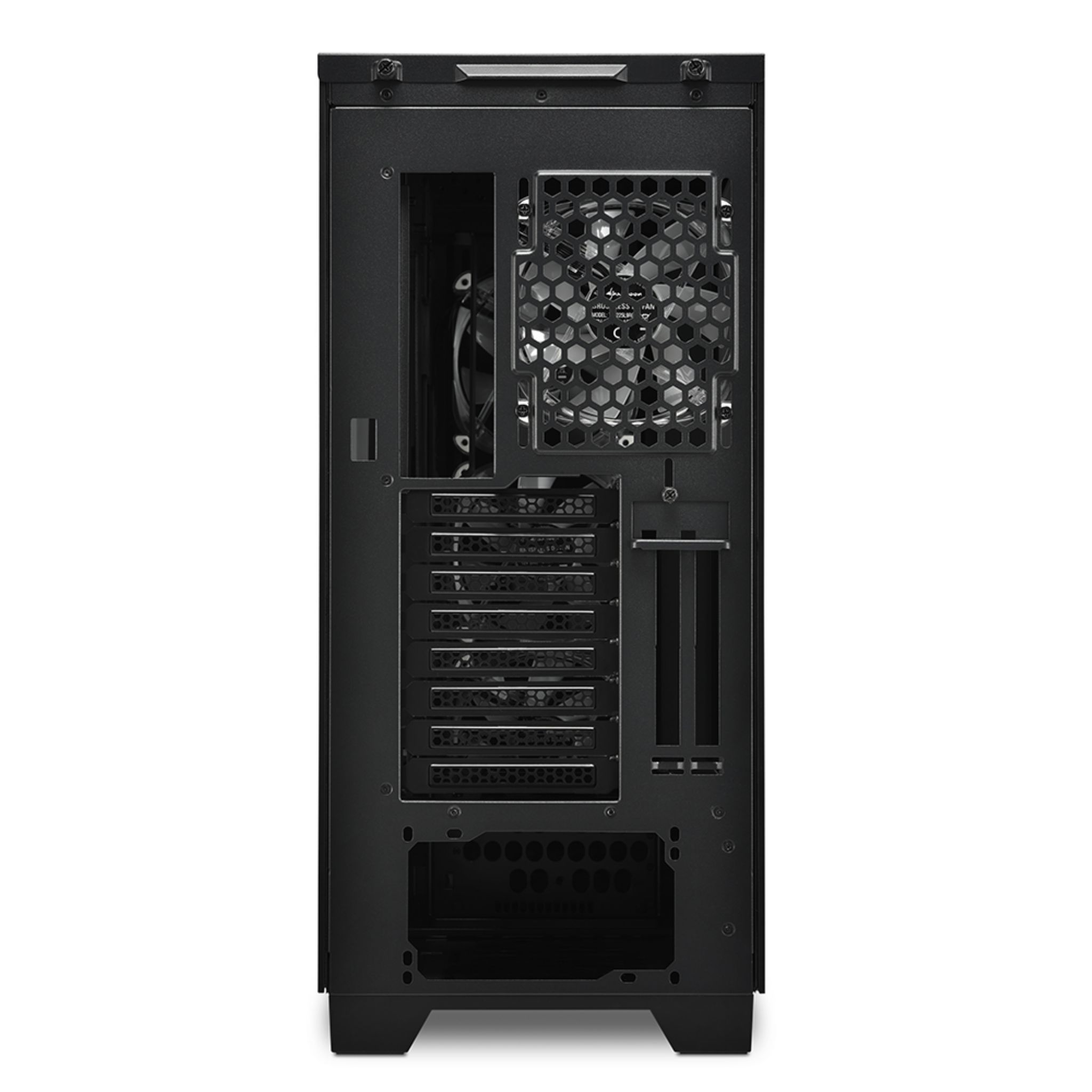 Il retro di un case per computer nero con ventola e aperture di ventilazione.