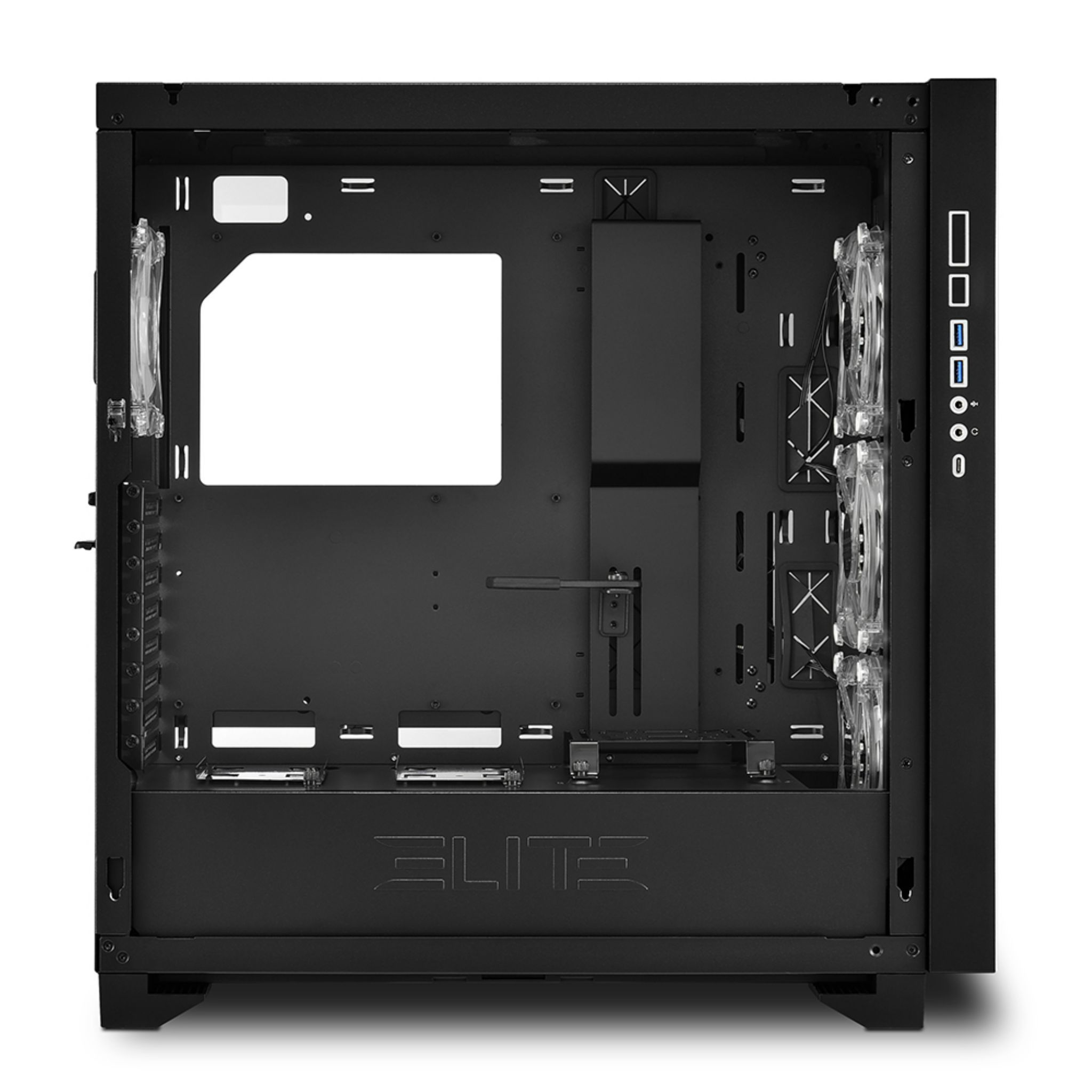 Interno di un case per computer nero con supporti per ventole, gestione dei cavi e la scritta 'ELITE'.
