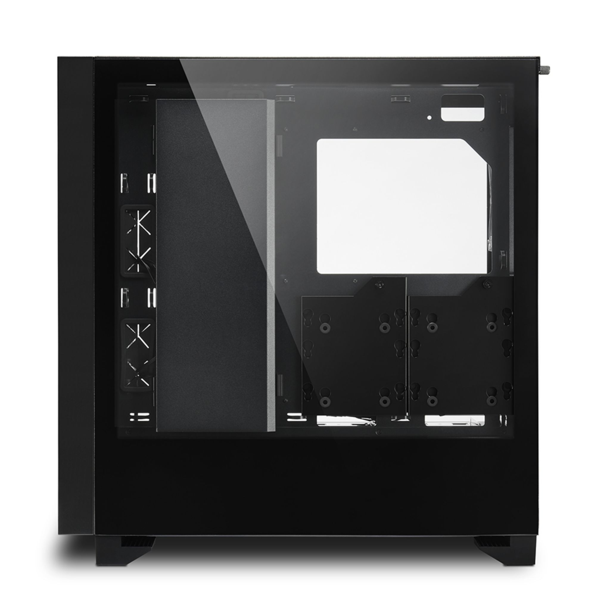 Case PC nero con pannello laterale in vetro. Vista frontale, interno vuoto.