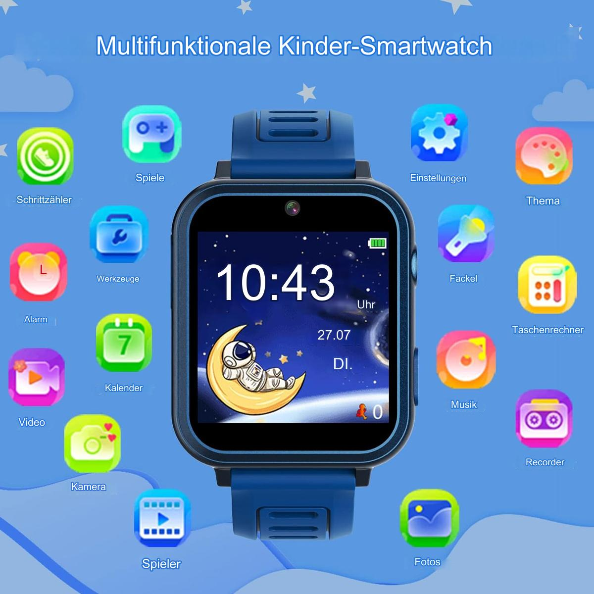 Smartwatch mit App-Symbolen und Uhrzeit. Eine blaue Smartwatch mit einem Bildschirm, der verschiedene App-Symbole anzeigt.