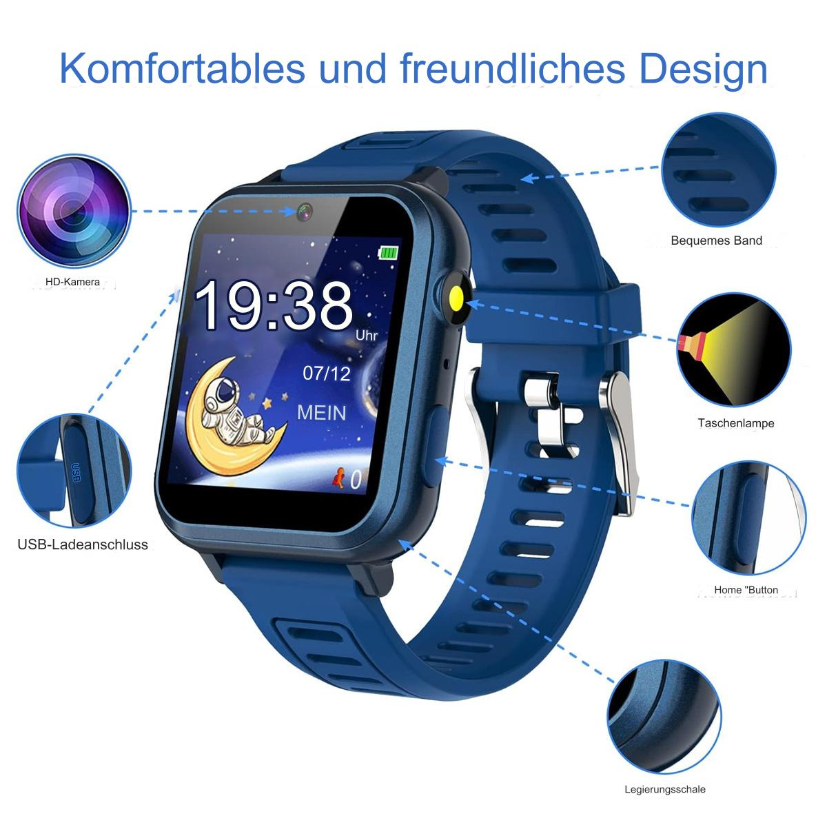 Eine blaue Smartwatch mit hervorgehobenen Funktionen, die Zeit und Symbole anzeigt.