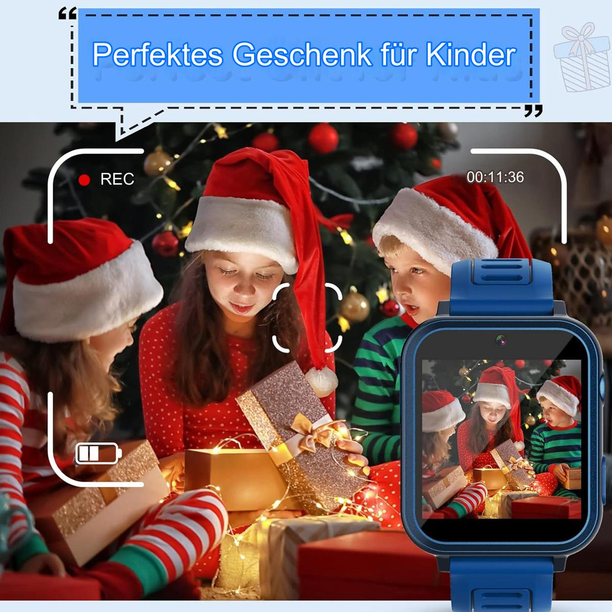 Kinder mit Weihnachtsmützen betrachten einen Bildschirm, der sie zeigt. Eine blaue Smartwatch ist im Vordergrund.