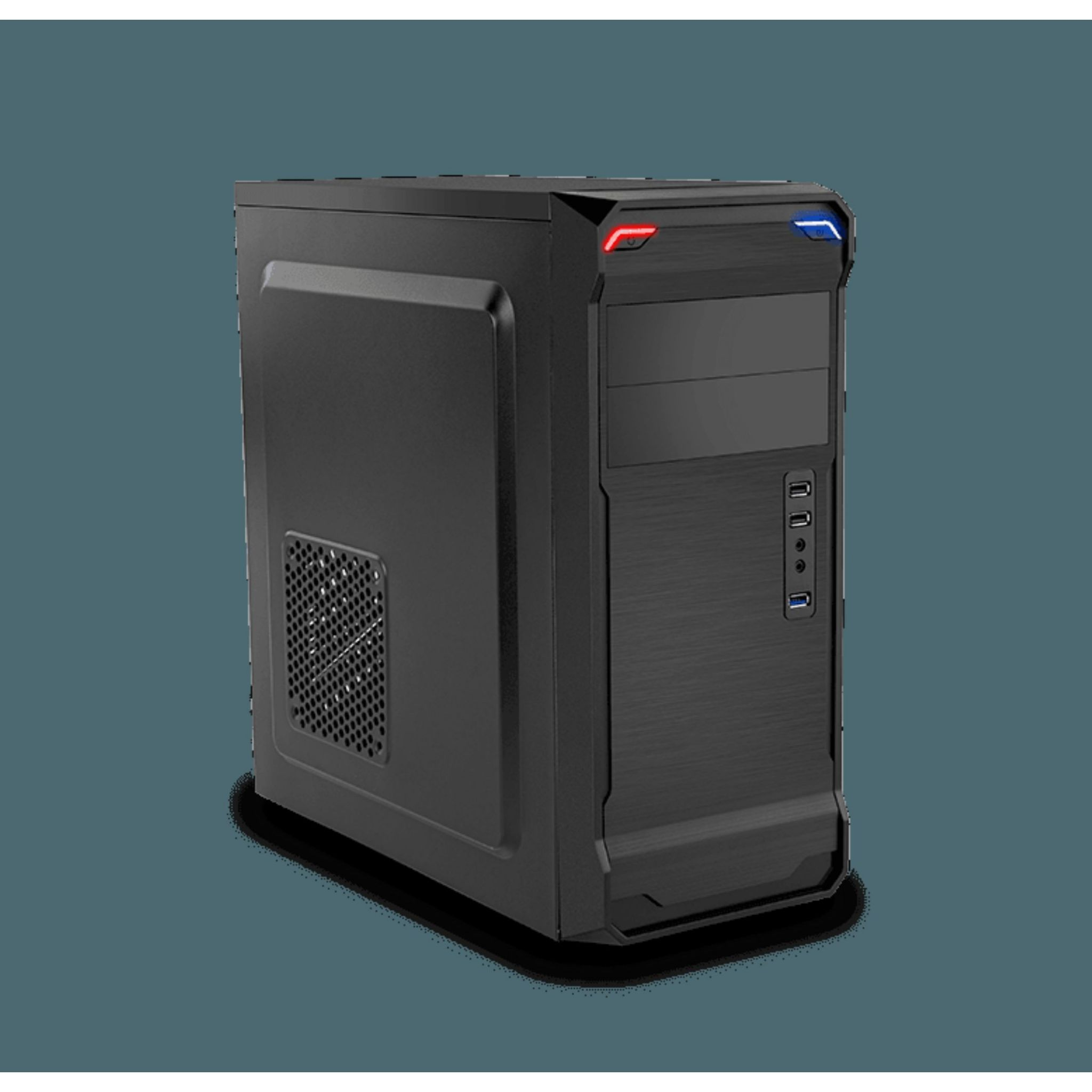 Schwarzes Computergehäuse mit Seitenlüftung und Frontpanel-Tasten.