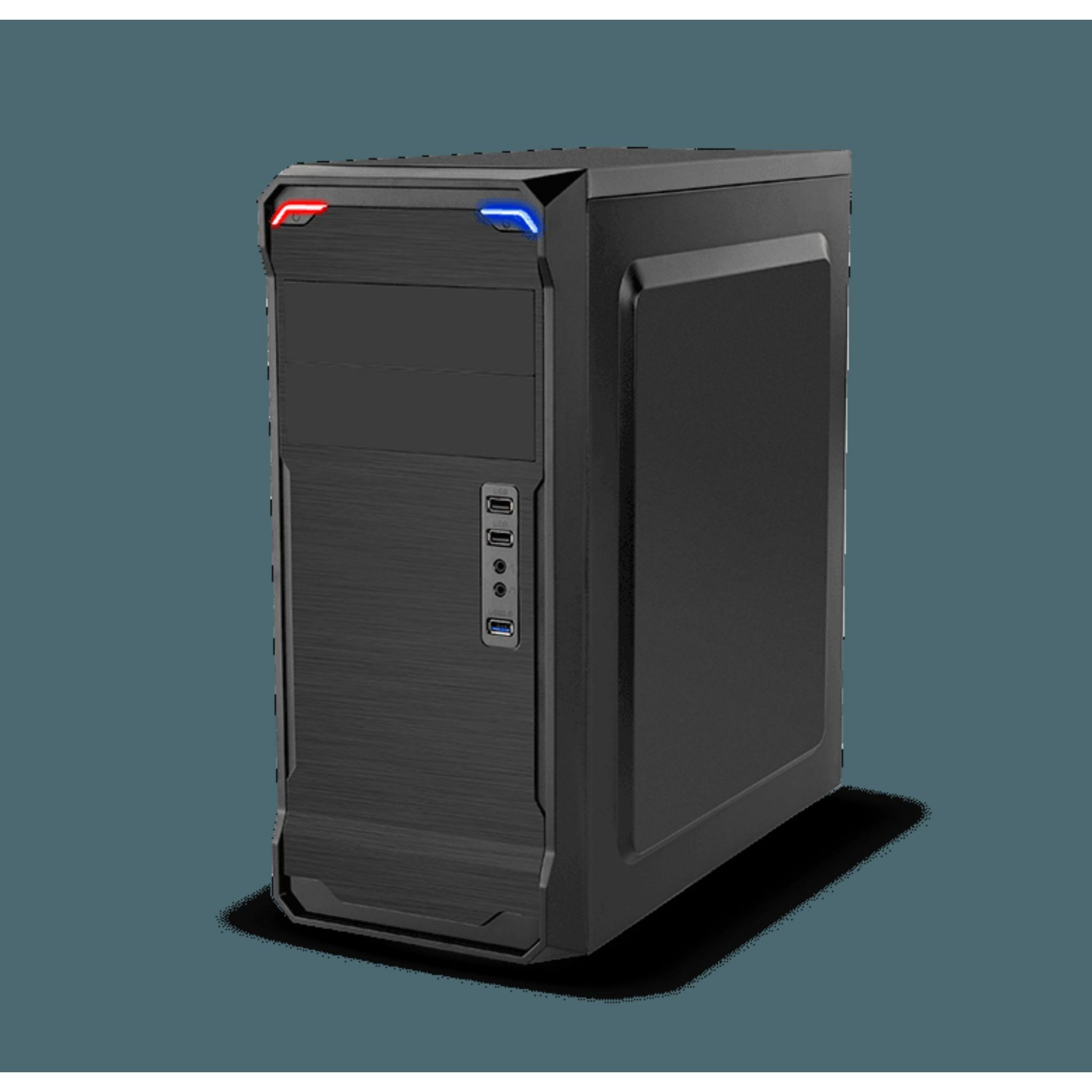 Ein schwarzes Computergehäuse mit roten und blauen LED-Leuchten oben und USB-Anschlüssen.