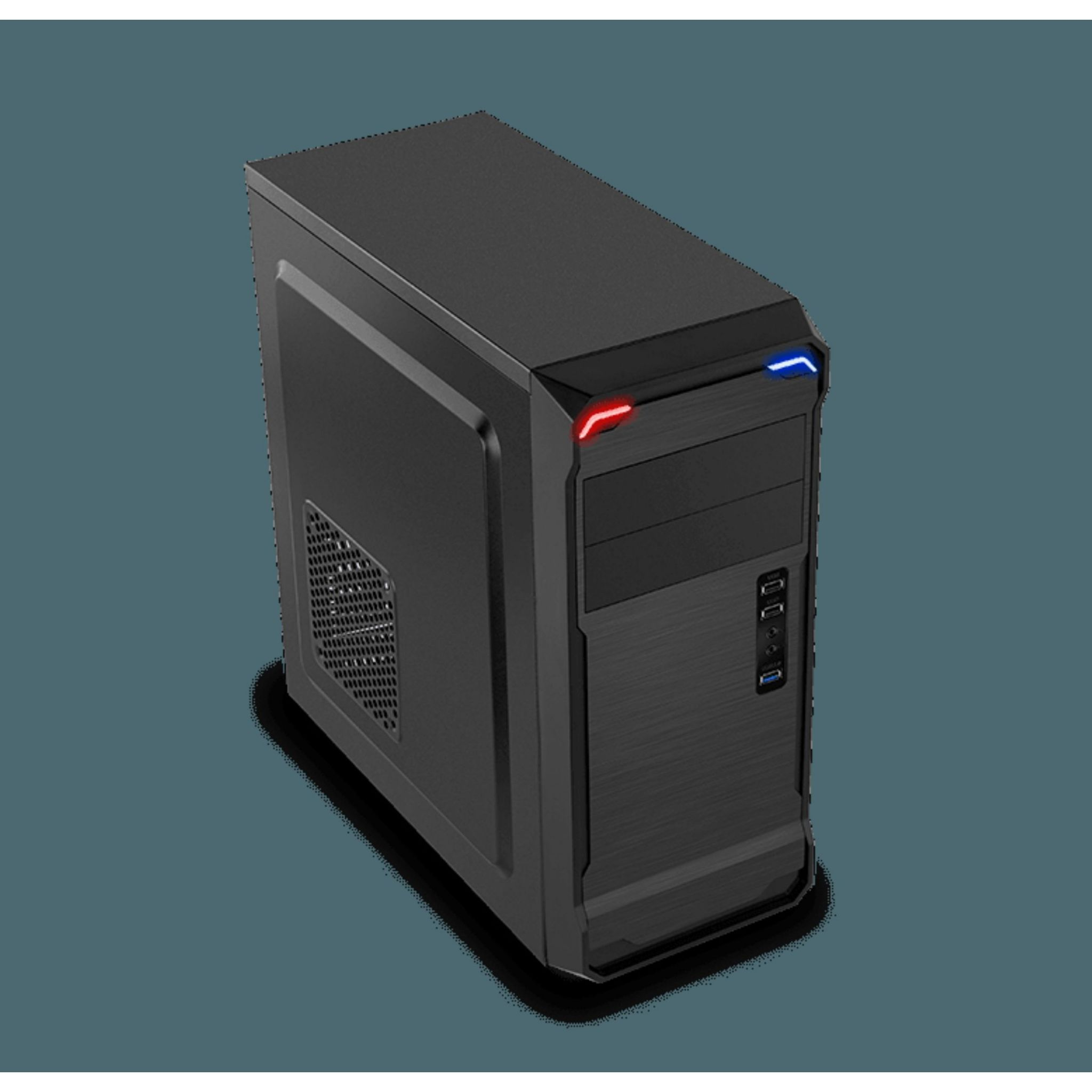 Schwarzes Computergehäuse mit Frontplatte, Mesh und roten und blauen Lichtern.