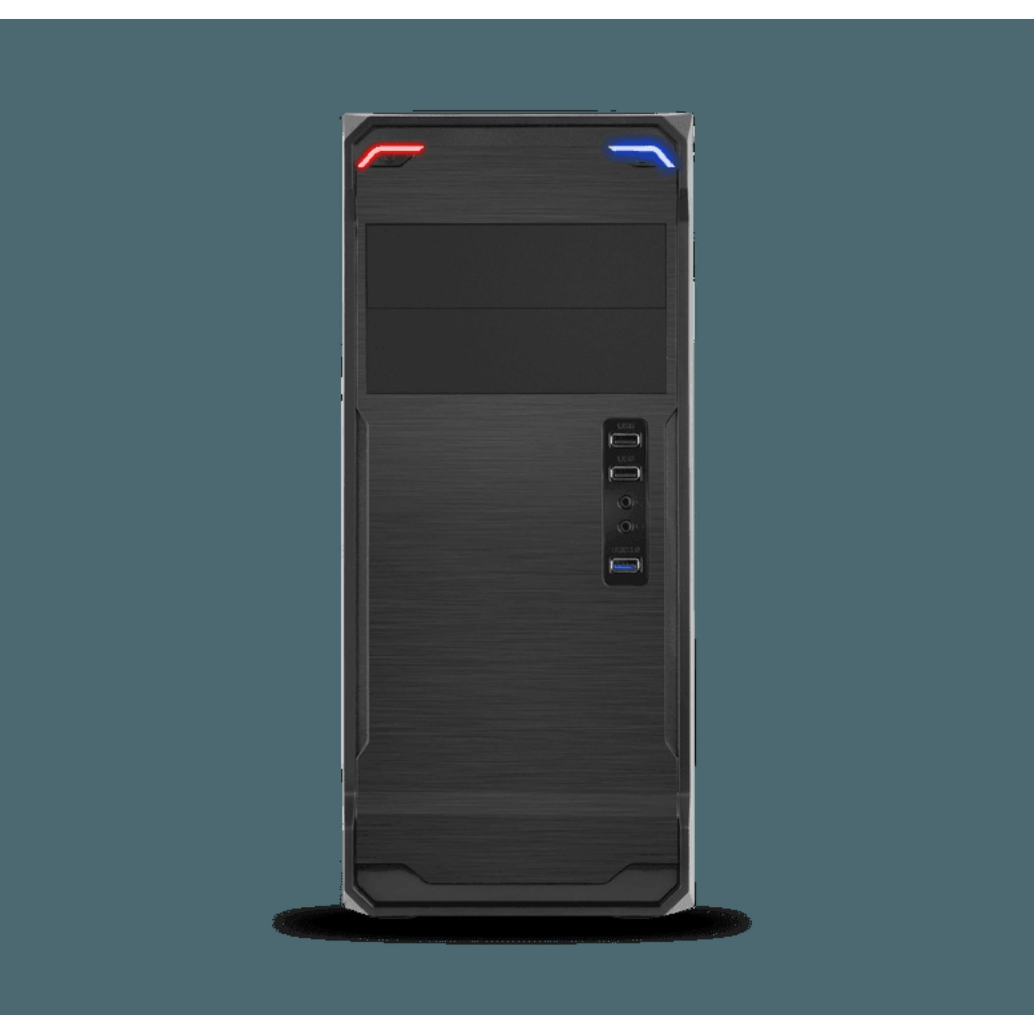 Schwarzes Computergehäuse, Vorderansicht, mit gebürsteter Metalloberfläche und Anschlüssen vorne.