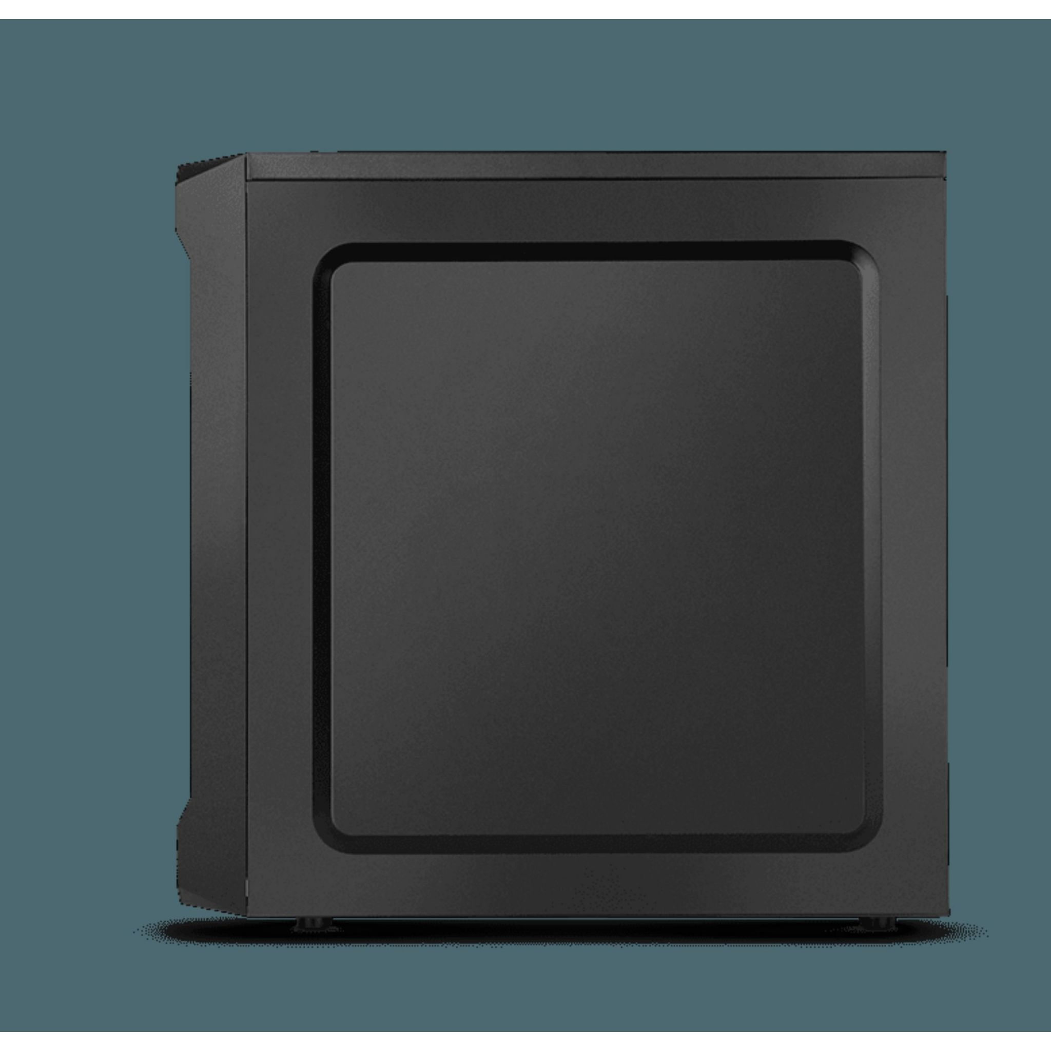 Schwarzes Computergehäuse, schräge Ansicht. Die Frontplatte ist komplett schwarz.