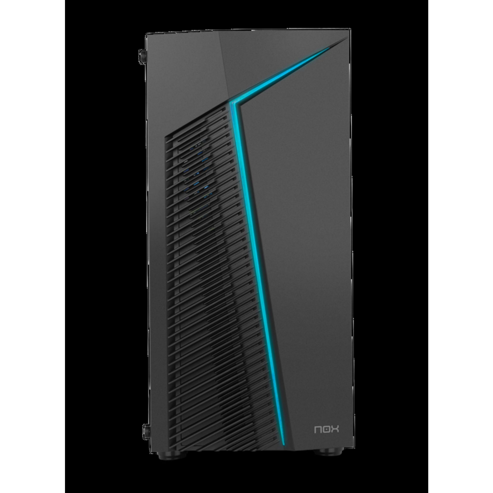 Czarna obudowa komputera z niebieskim paskiem światła. Na dole logo NOX.