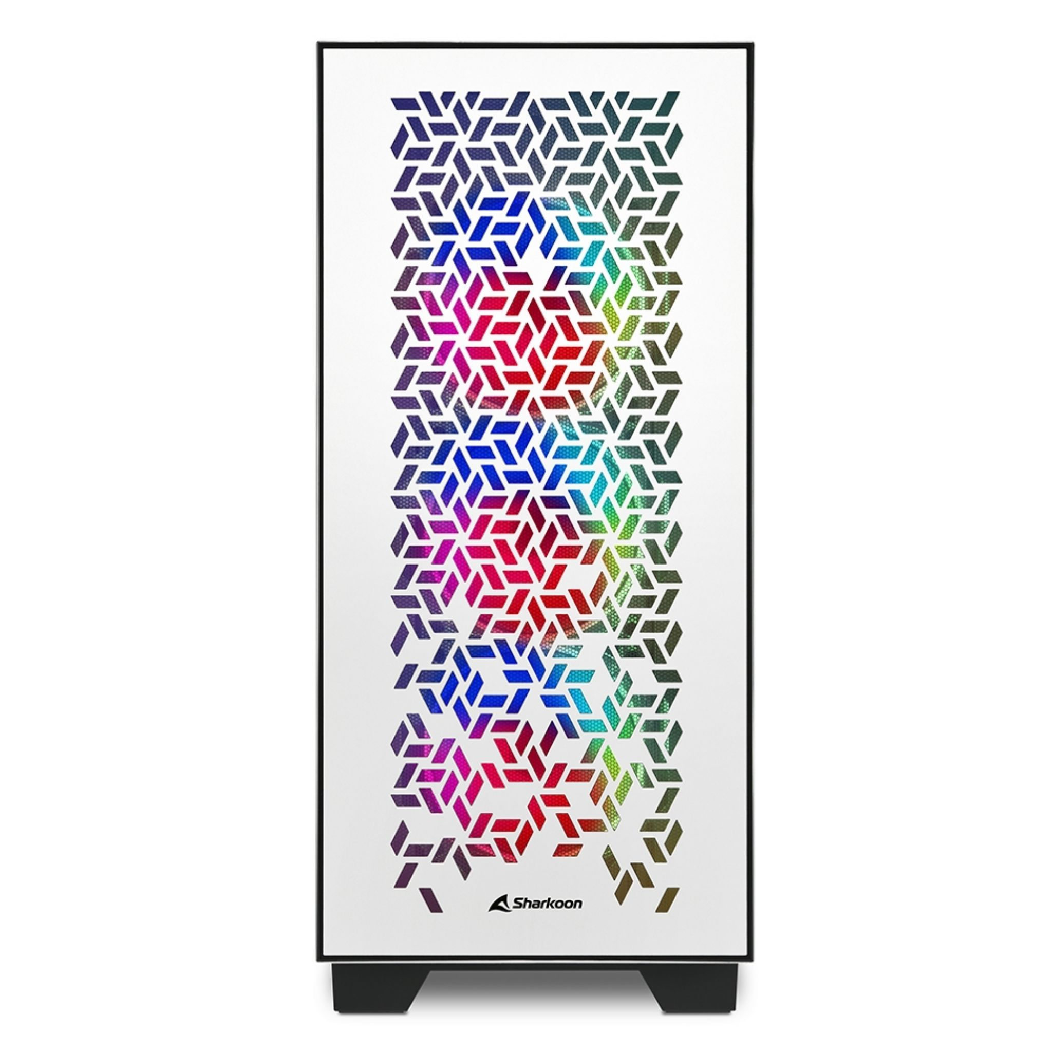 Un case per computer bianco con un motivo geometrico e una sfumatura arcobaleno. Il case ha dettagli neri e una cornice nera.