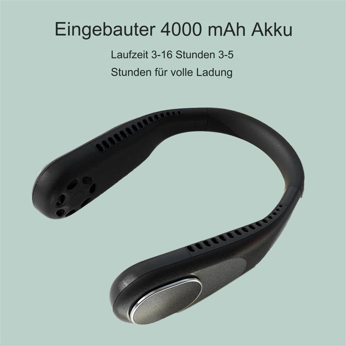 Ein schwarzer Nackenventilator mit Text über die Akkulaufzeit auf grünem Hintergrund.