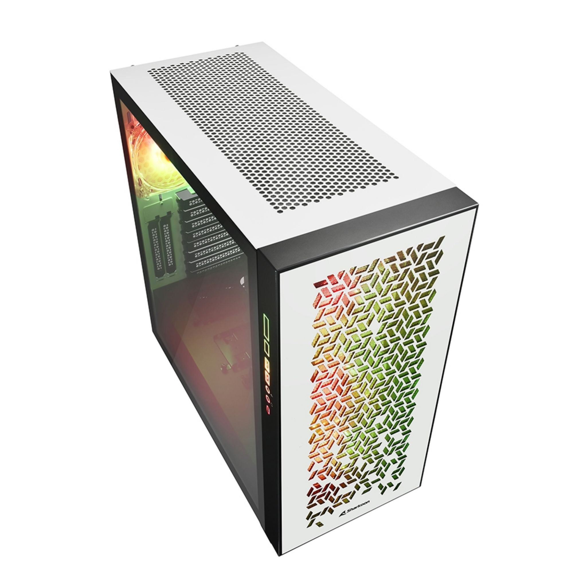 Case per computer bianco e nero con pannello frontale in rete e luci LED colorate.