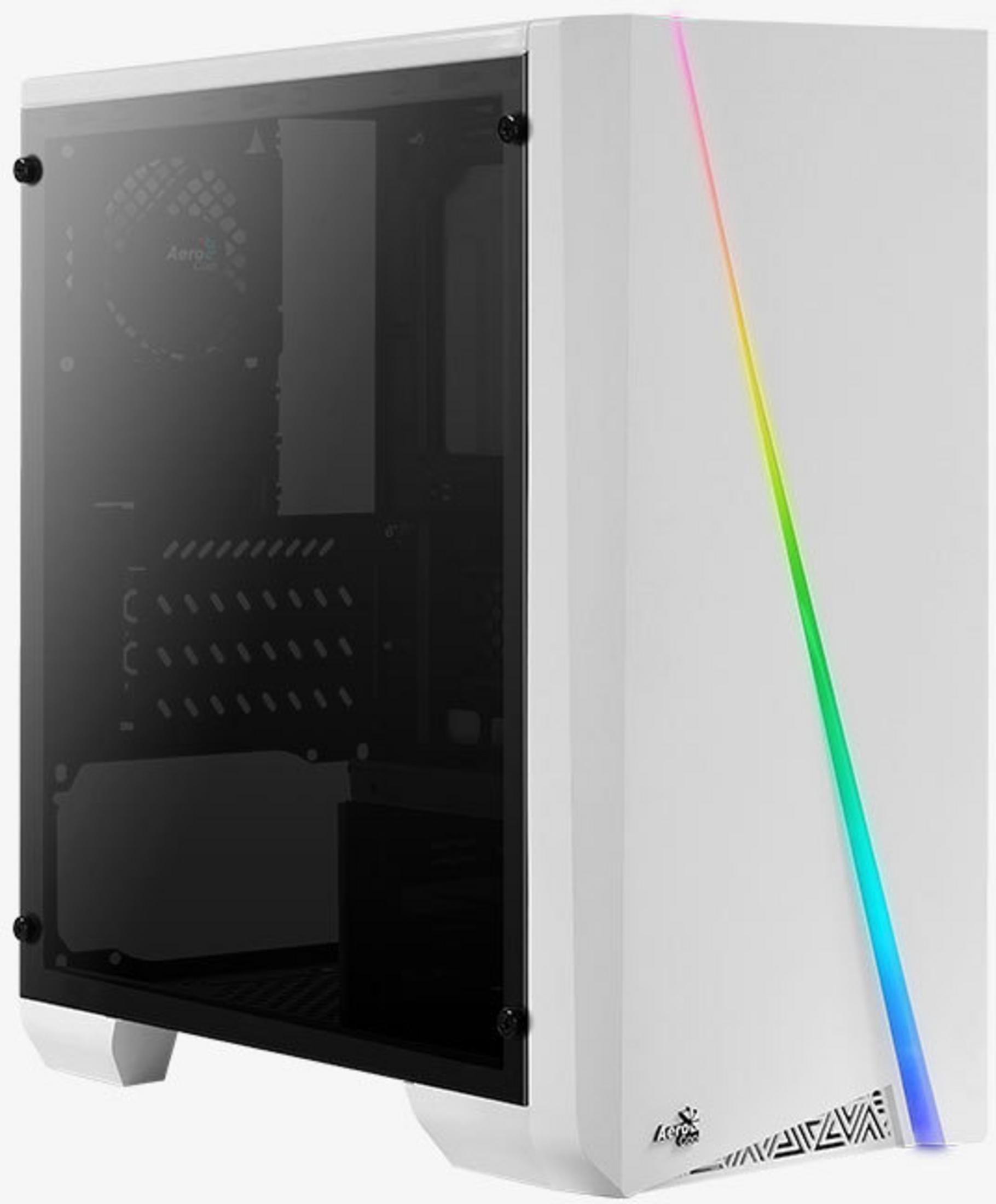 Witte computerkast met een glazen zijpaneel en RGB-verlichting.