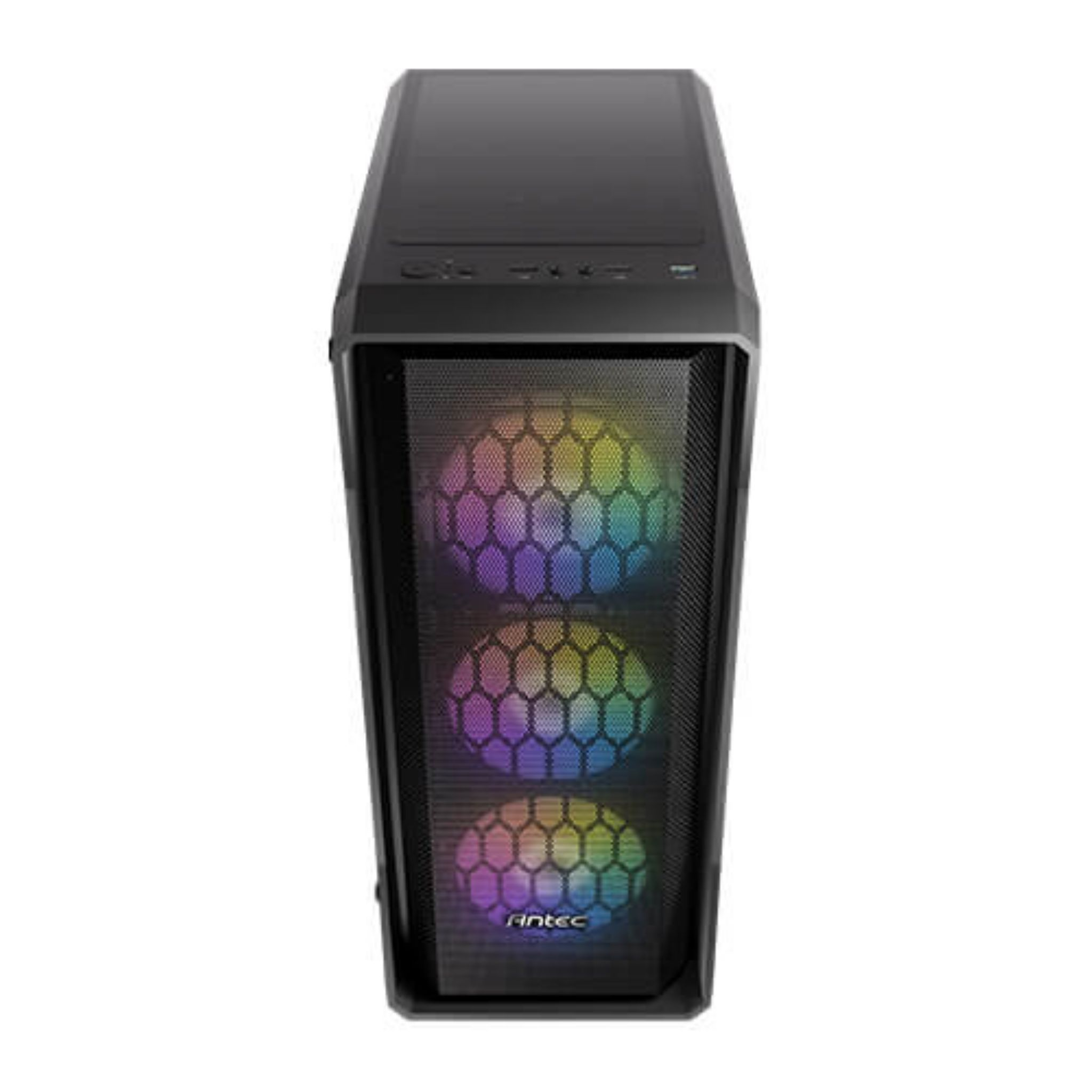 Case per computer con ventole RGB, nero, vista frontale.