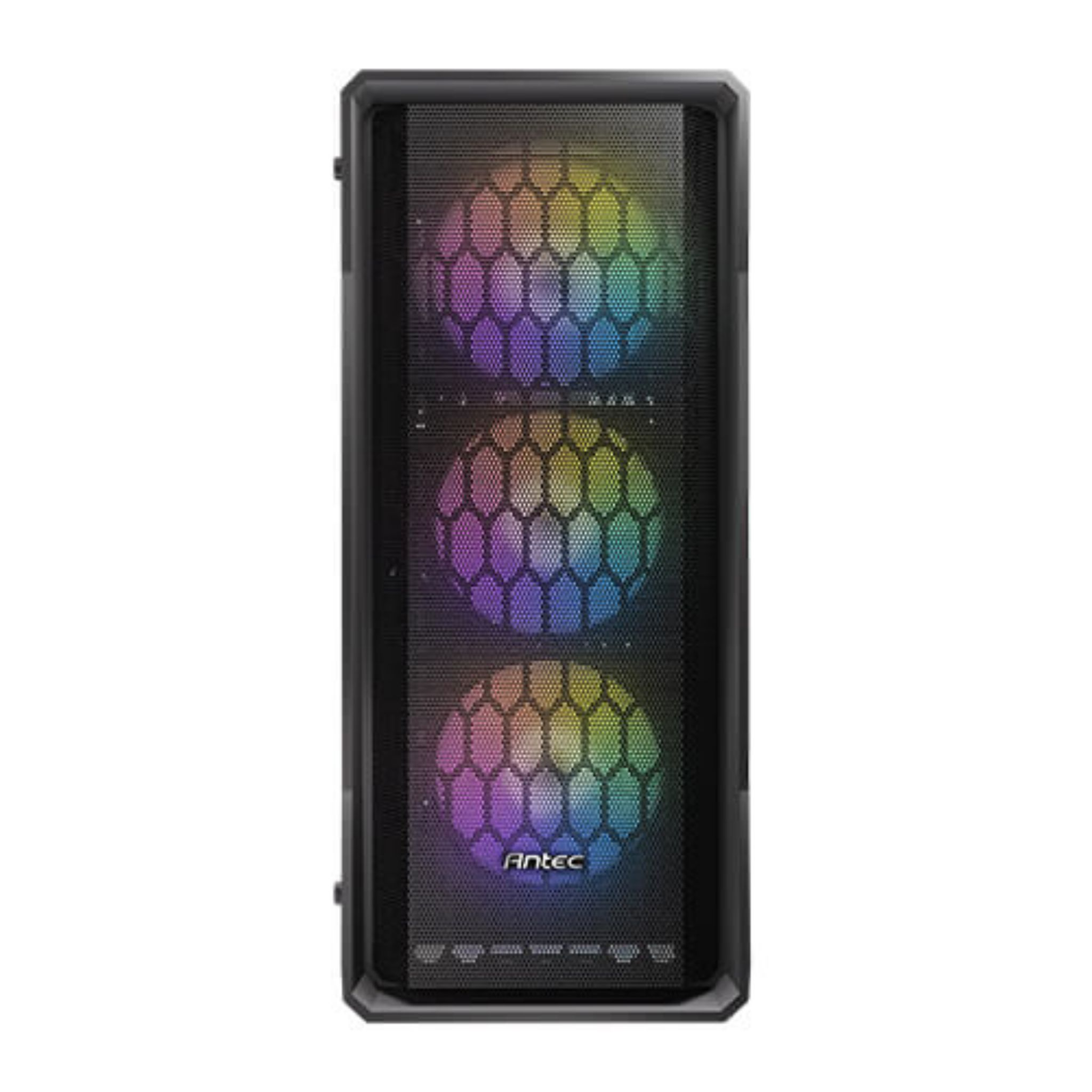 Un case per computer nero con ventole RGB. Le ventole hanno un motivo multicolore.