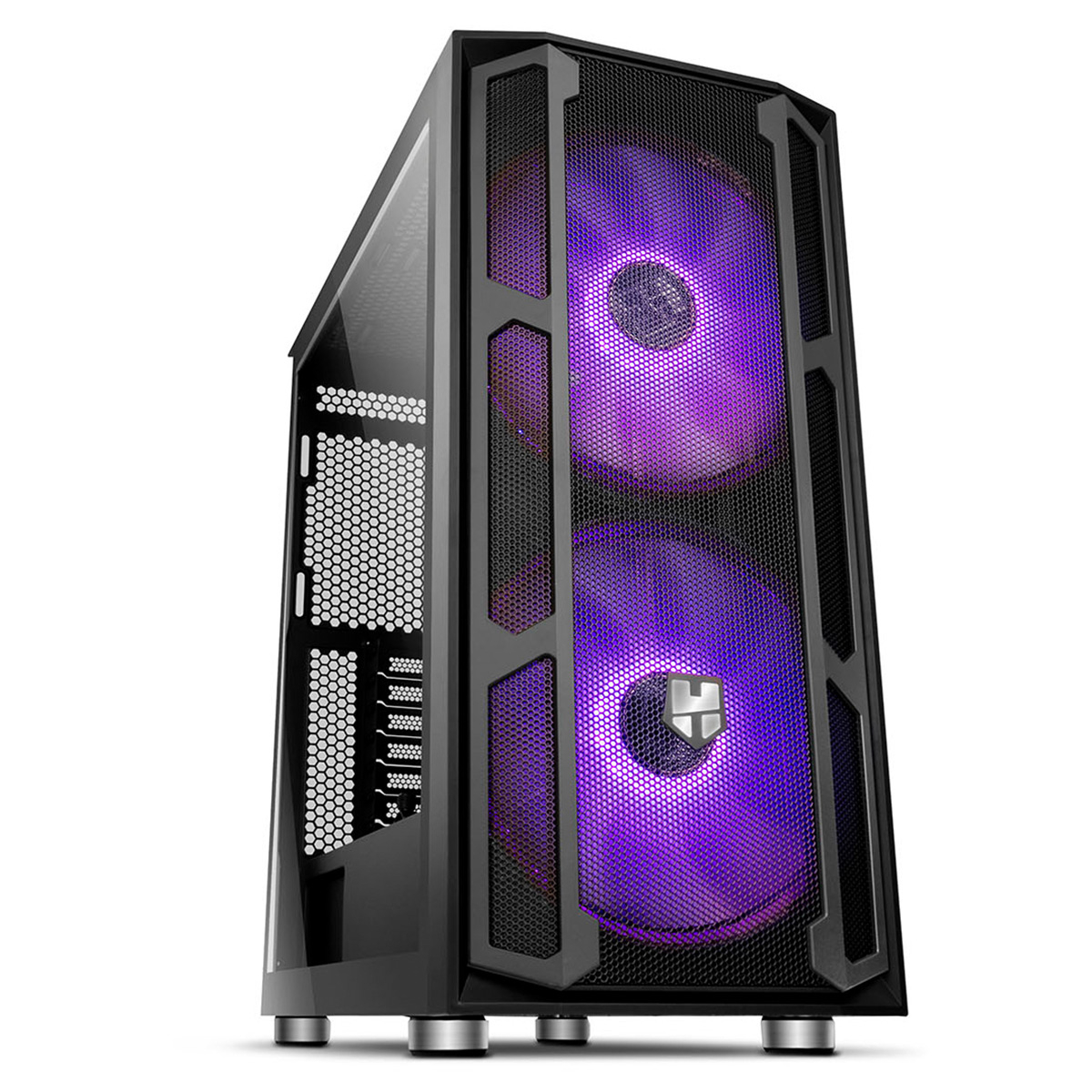 Case per computer con frontale a rete e due ventole viola luminose.