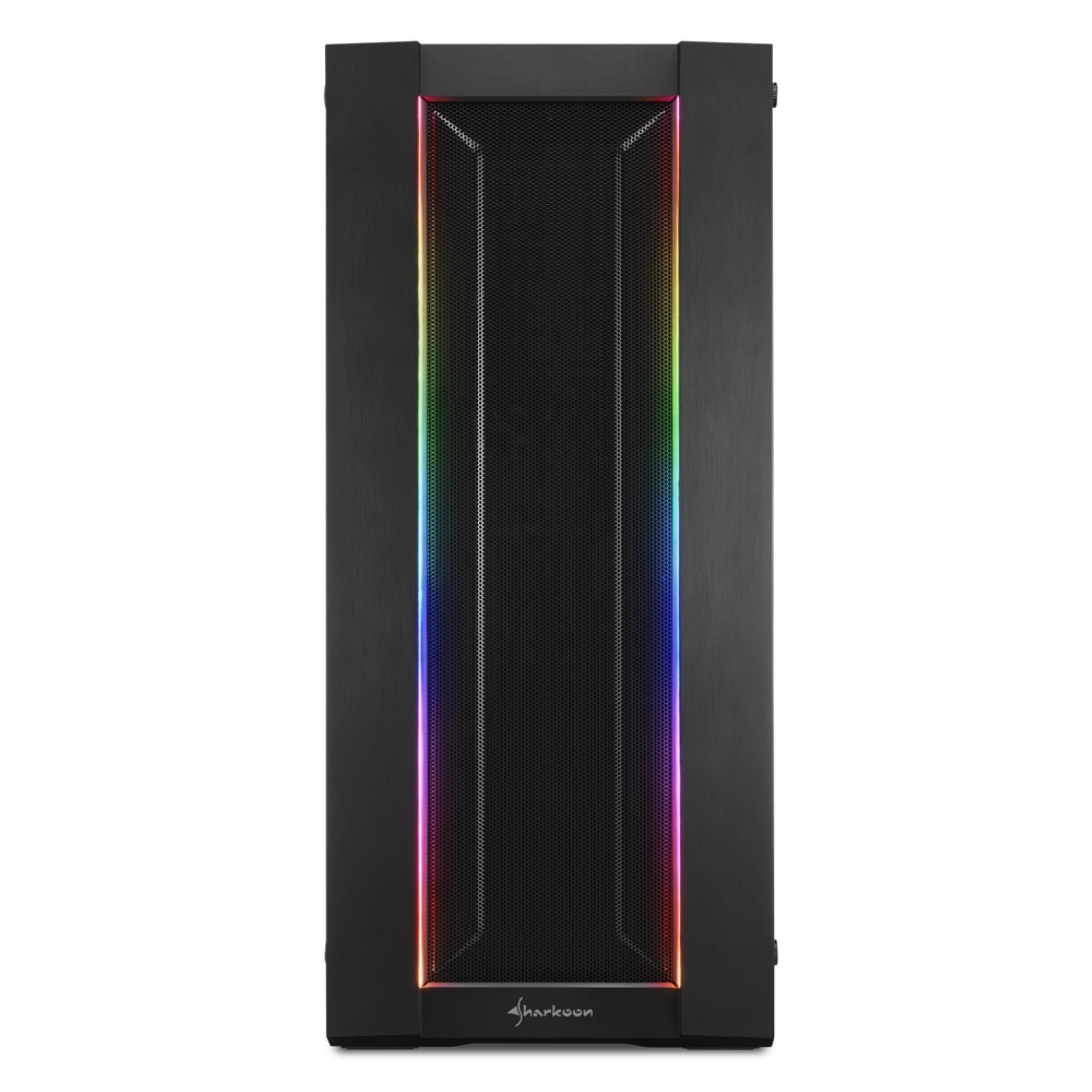 Black computer case with RGB lights on front.