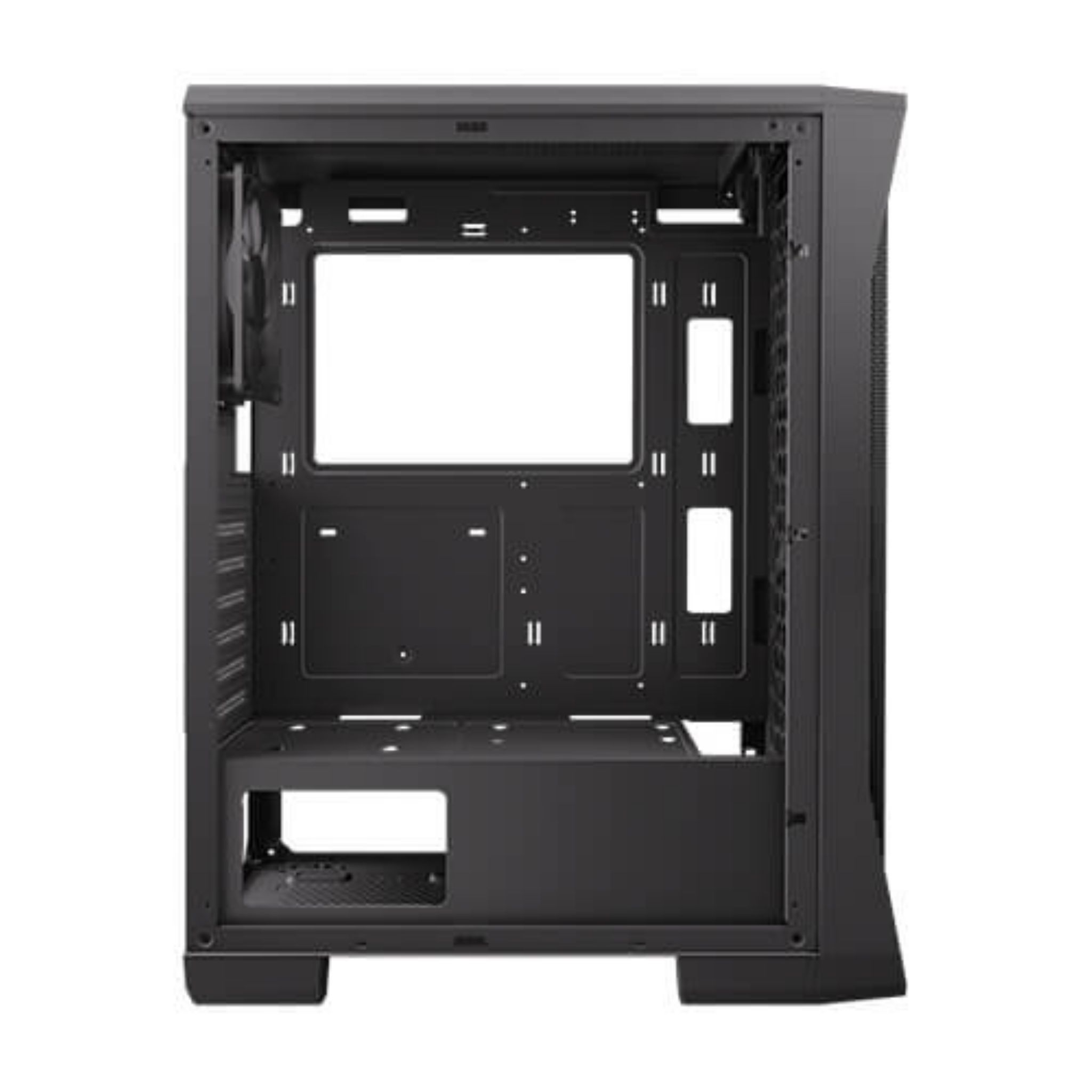 Interno del case per computer nero, vuoto. Pannello laterale rimosso, che mostra la struttura interna.