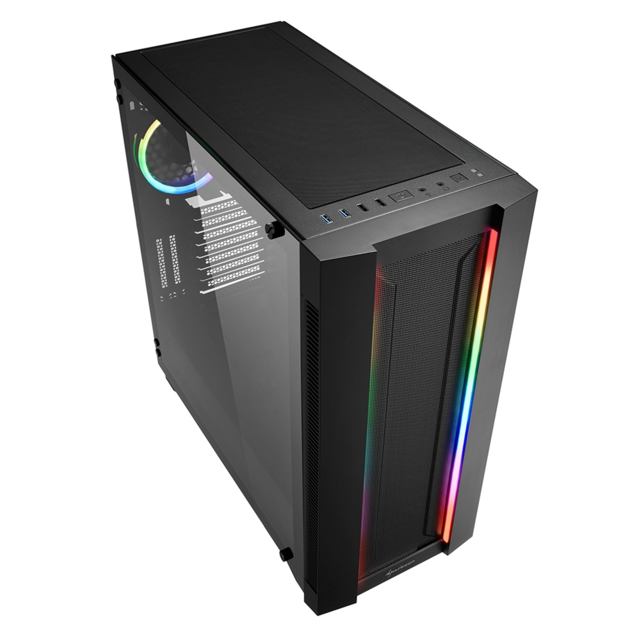 A black computer case with a glass side panel and RGB lights.