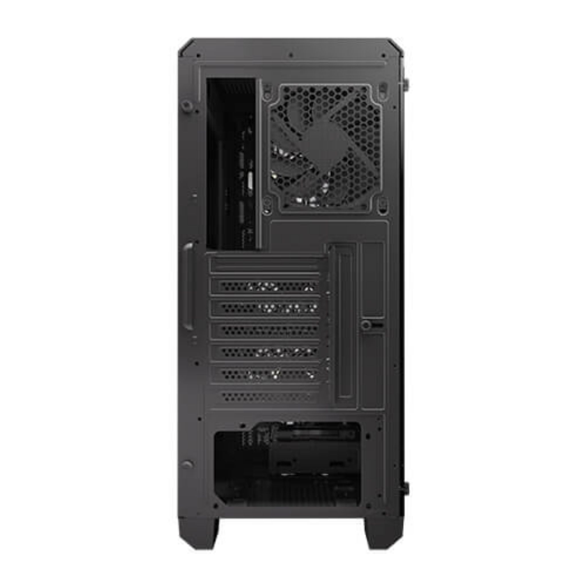 Vista posteriore di un case per computer nero. Una ventola e varie porte sono visibili.