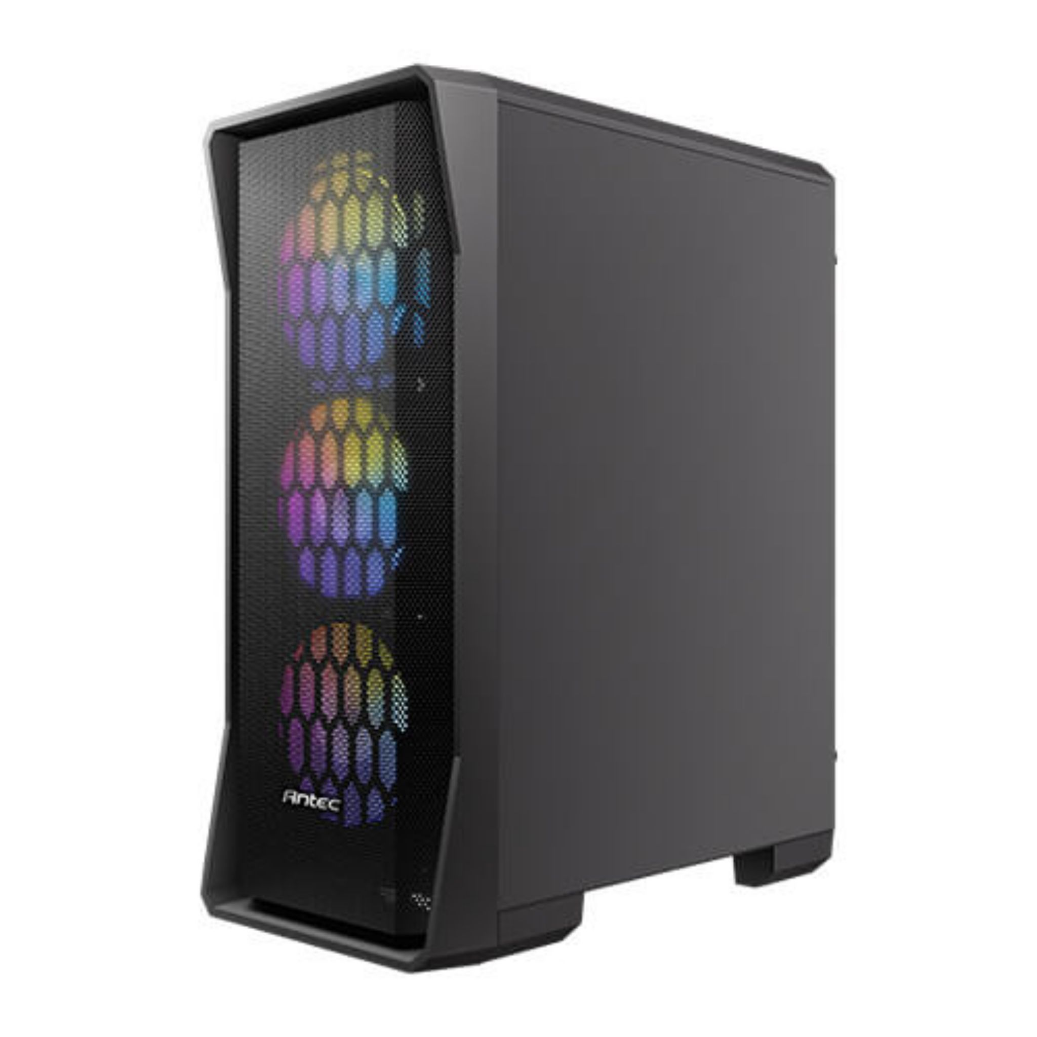 Case per computer nero con pannello frontale e laterale illuminato RGB.