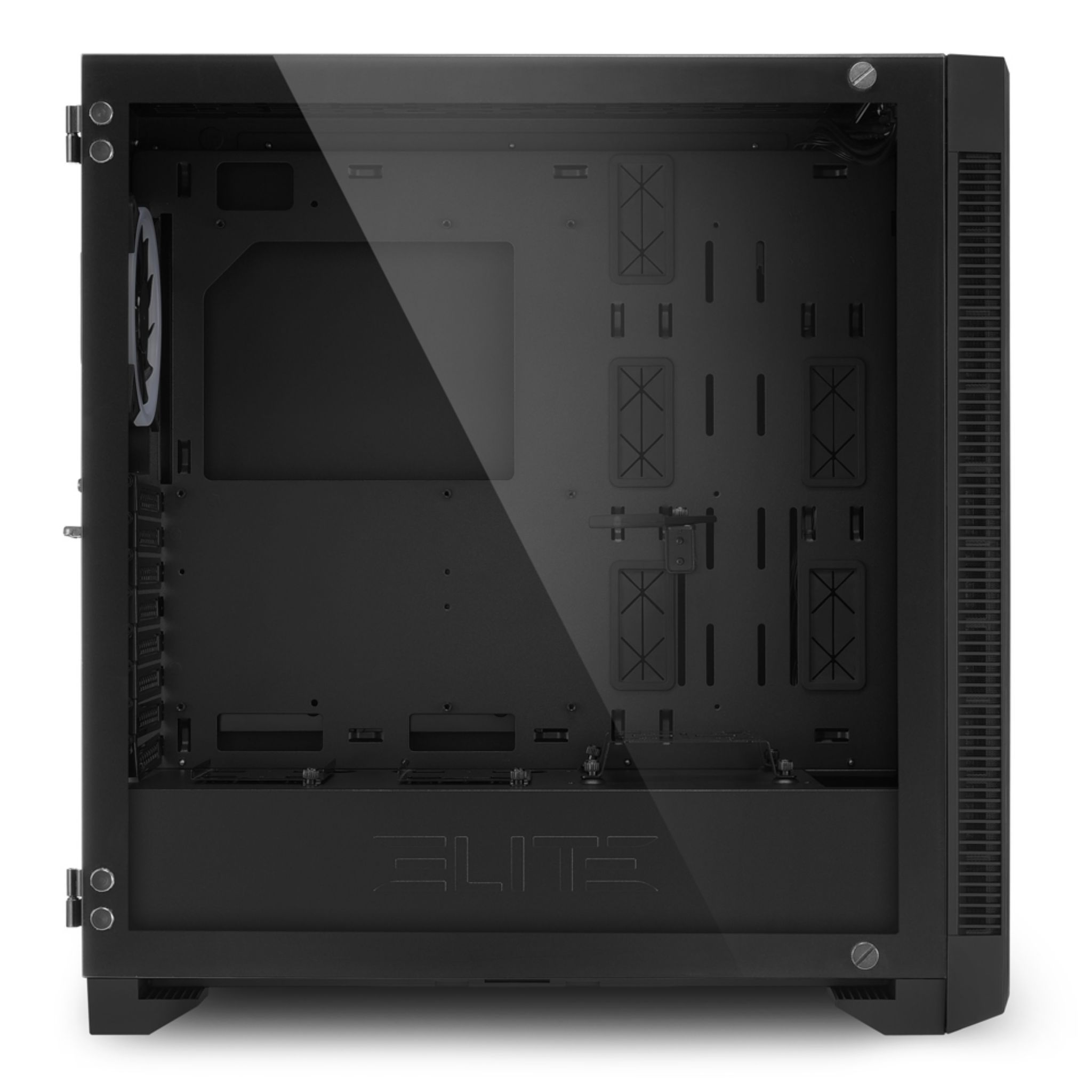 Black computer case with a glass side panel. Interior components are visible.