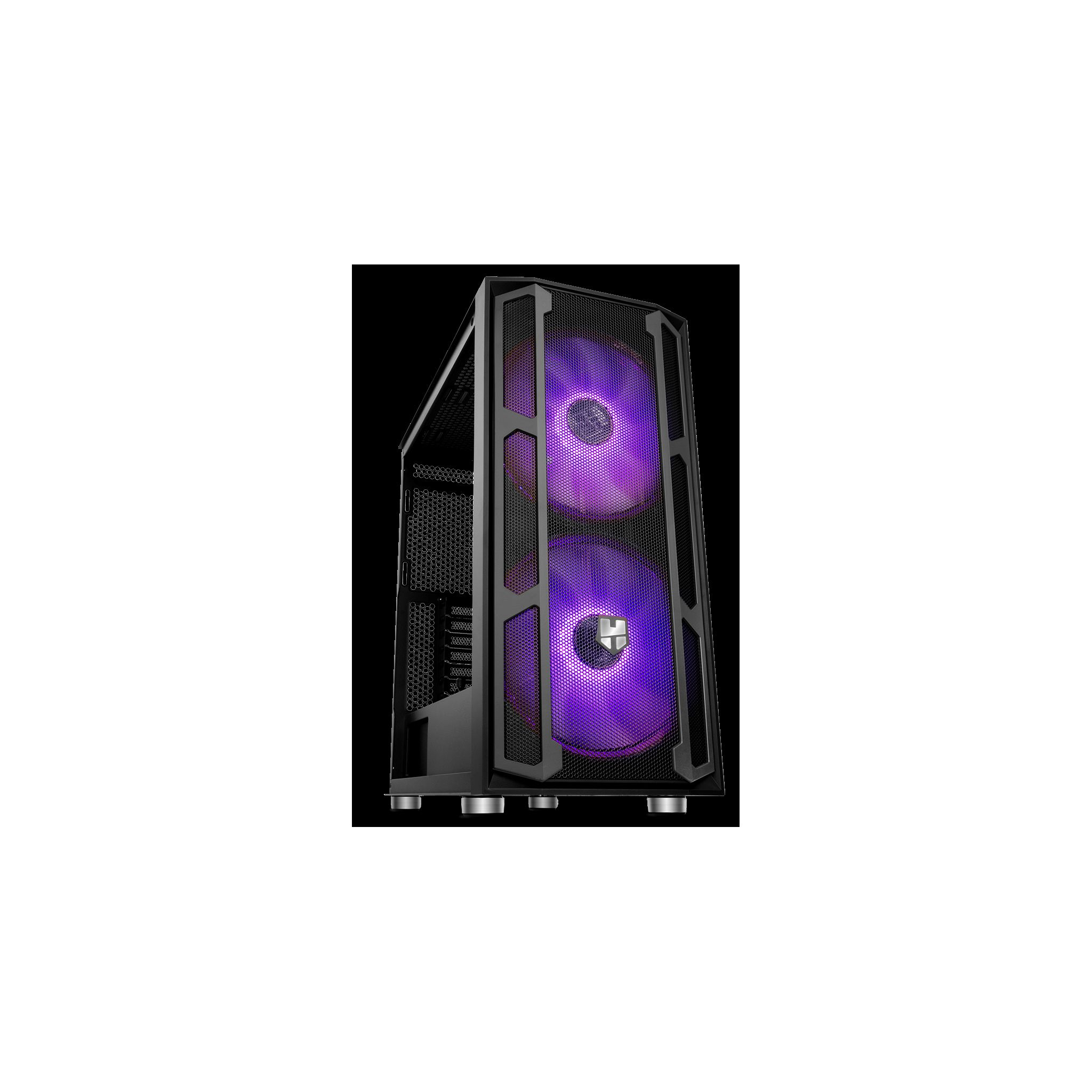 Case per computer con due ventole viola. Il logo H è al centro di ogni ventola.