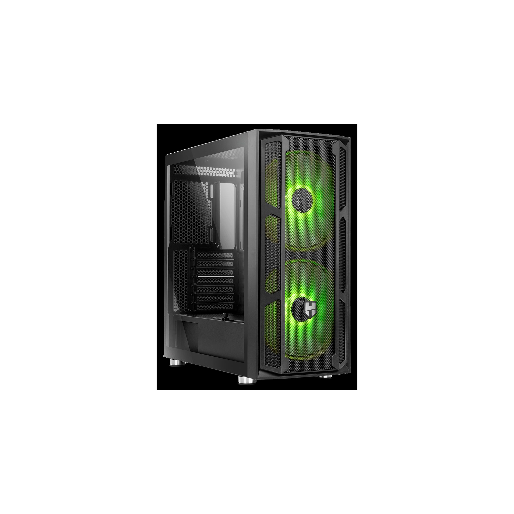 Case per computer nero con ventole illuminate di verde e frontale a rete.